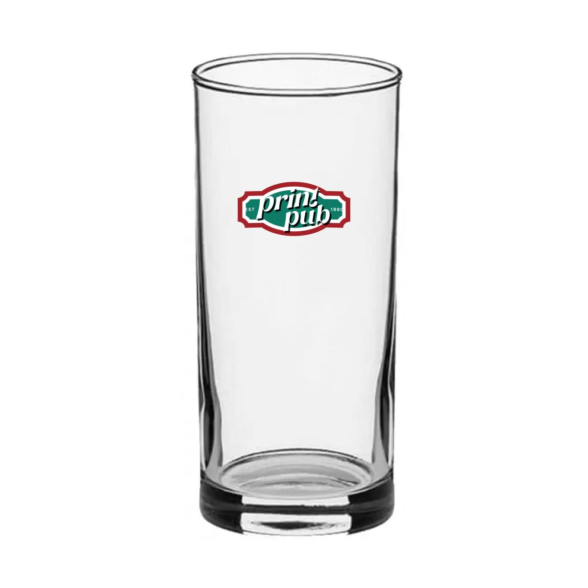 Longdrinkglas 27 cl. bedruckt mit mehrfarbigem PrintPub-Logo mittig auf der Vorderseite des Glases.