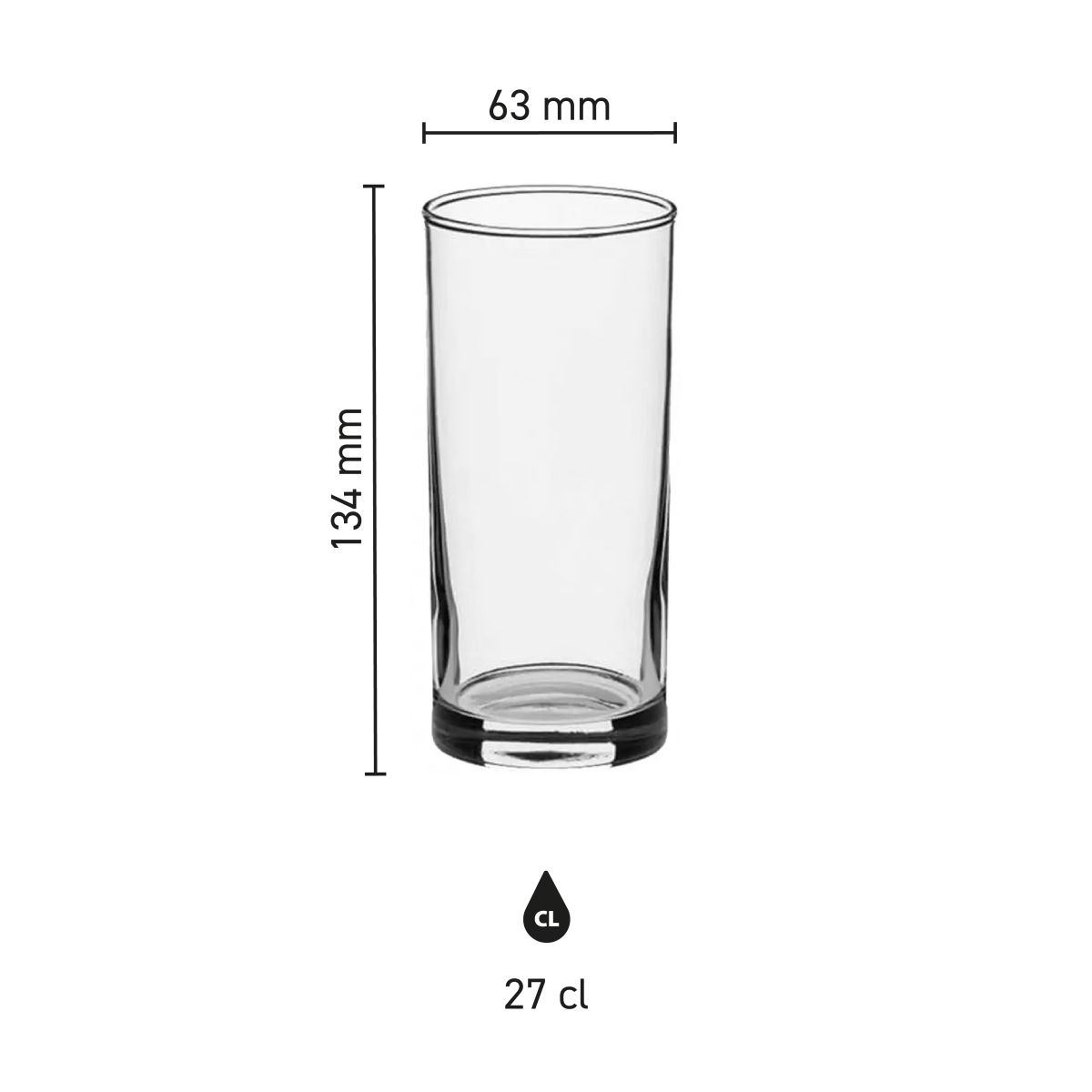 Abbildung mit Abmessungen des Longdrinkglases 27 cl, einschließlich Inhalt, Breite und Höhe.