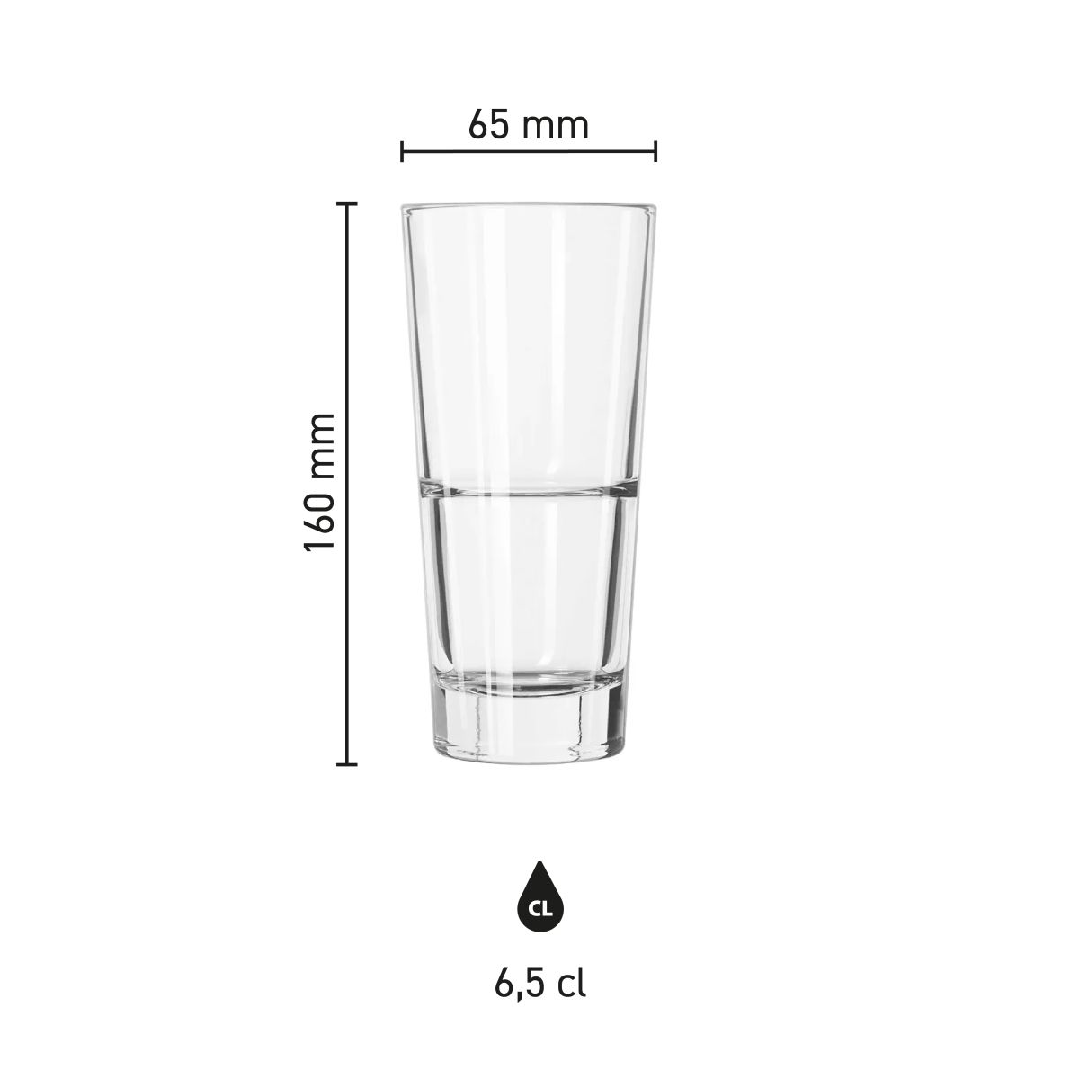 Infografik mit Produktabmessungen des Libbey Endeavor Longdrinkglases 35 cl, mit Höhe und Durchmesser