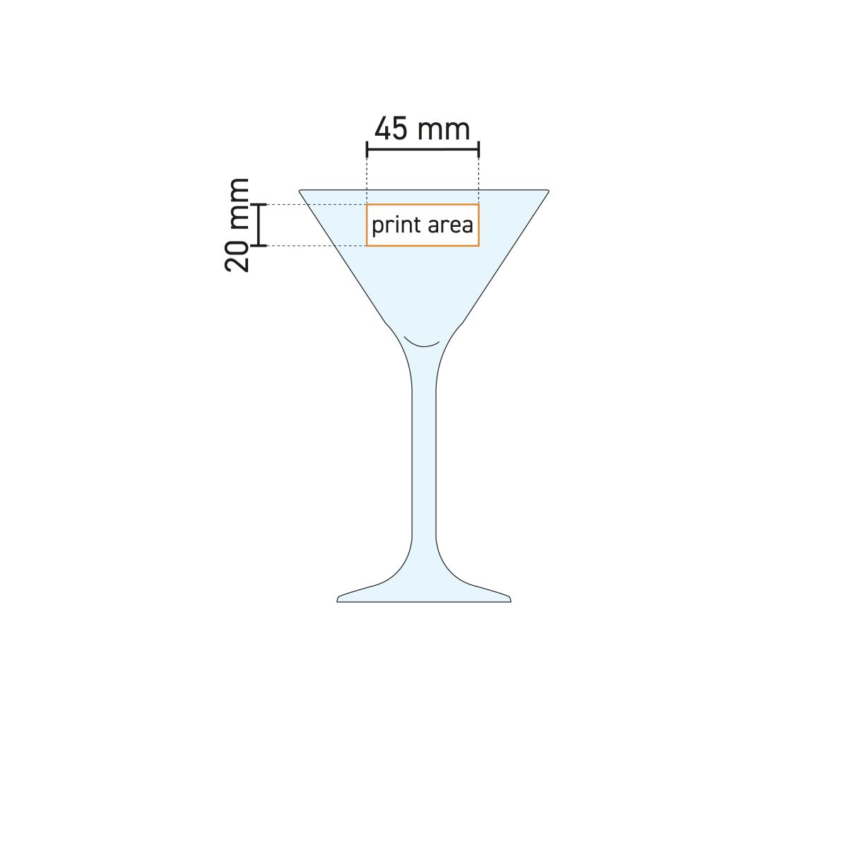 Technische Arbeitszeichnung mit Angabe der Druckfläche auf dem Martini-Cocktailglas 21 cl.