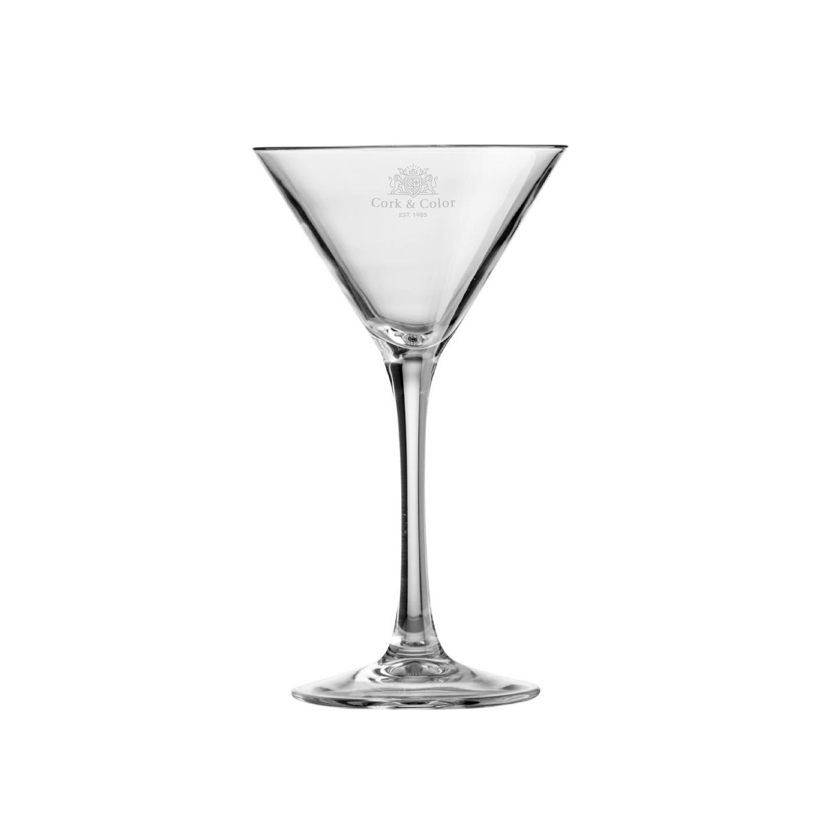 Martini-Cocktailglas von 21 cl mit fein eingraviertem CorkColor-Logo auf der Vorderseite.