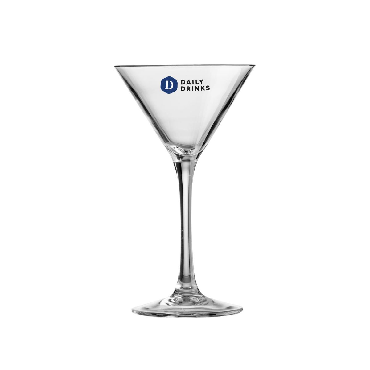 Transparentes 21-cl-Martiniglas mit mehrfarbigem DailyDrinks-Logo auf der Vorderseite.