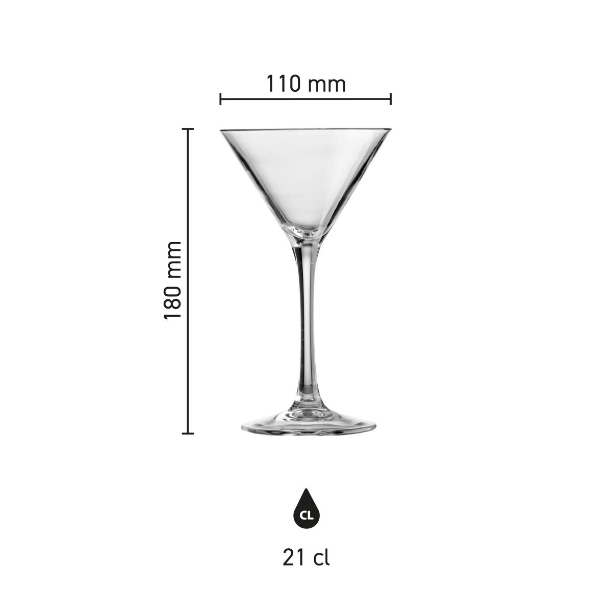 Die Infografik zeigt die Höhe und den Durchmesser des Martini-Cocktailglases 21 cl. im Glas.