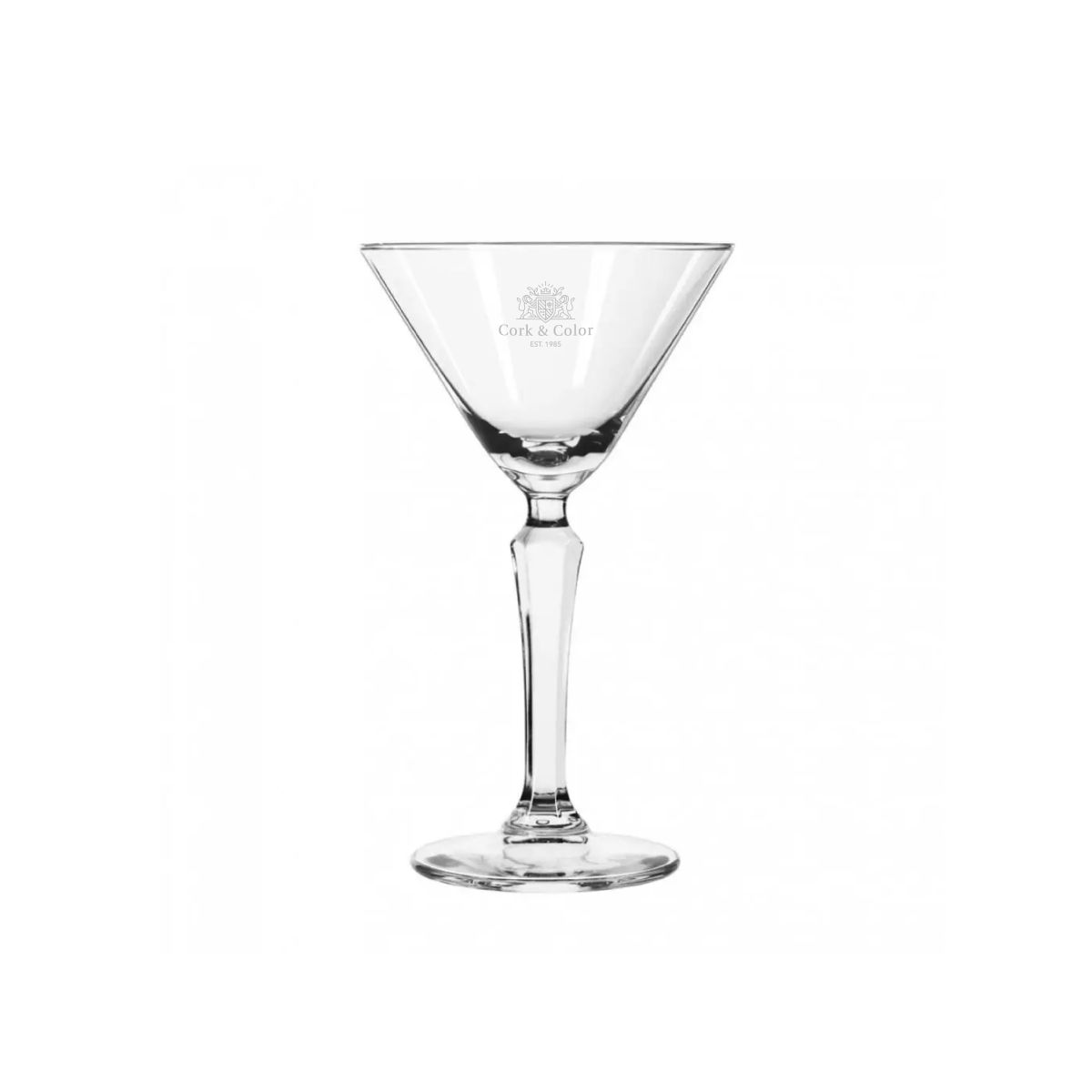 Feine Glasgravur des CorkColor-Logos auf der Vorderseite des Martiniglas Libbey Spksy 19 cl.