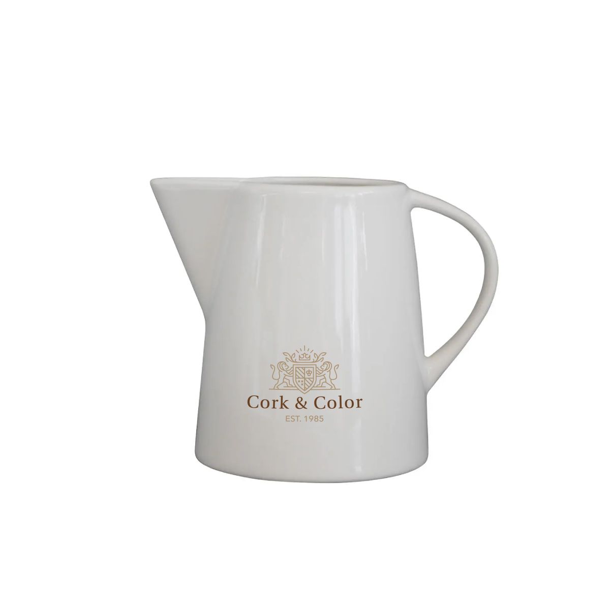Milchkanne Eva weiß 20 cl. Porzellan mit mehrfarbigem CorkColor Logo auf der Vorderseite.