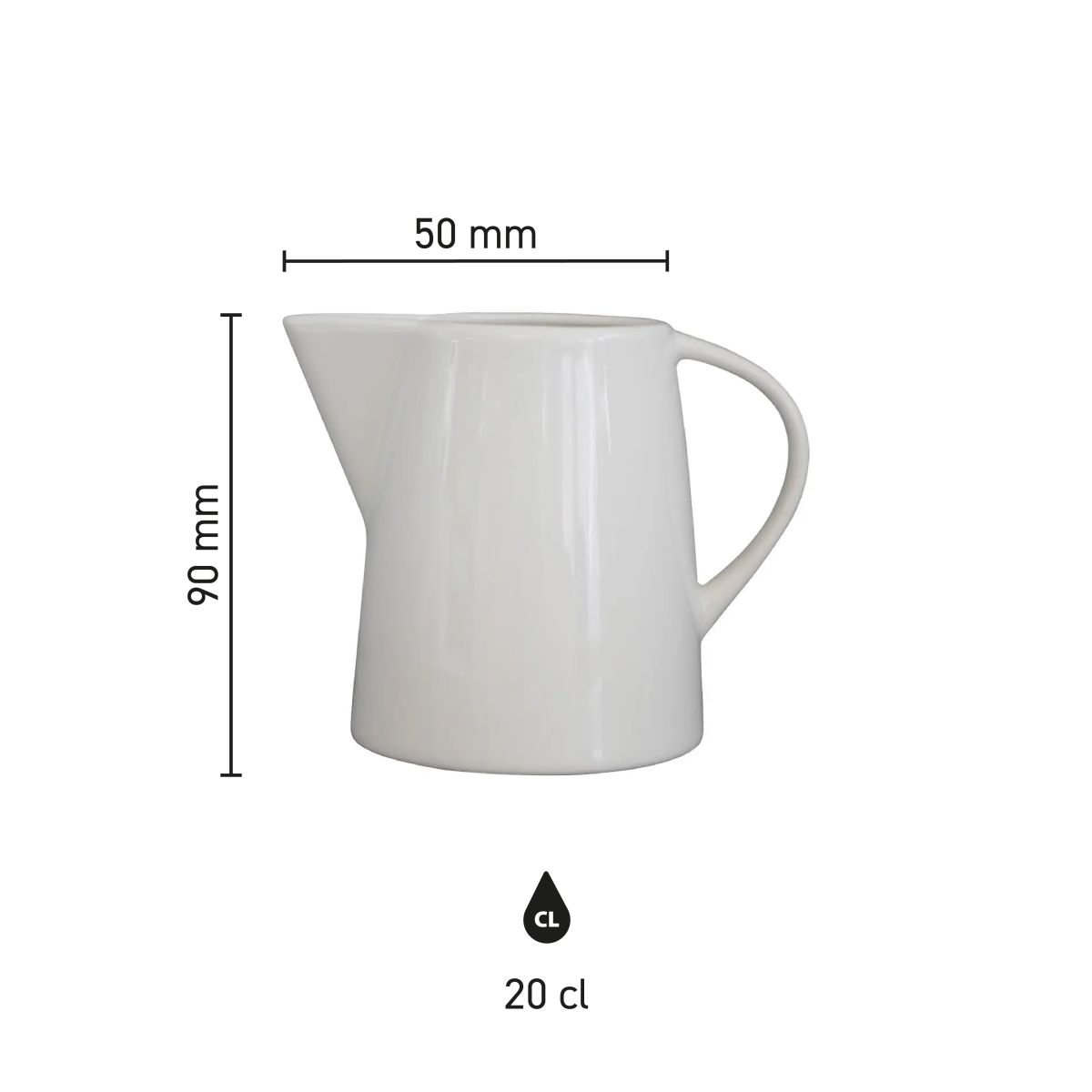 Die Infografik zeigt die Abmessungen des Porzellan-Milchkännchens Eva 20 cl. einschließlich Höhe und Durchmesser.