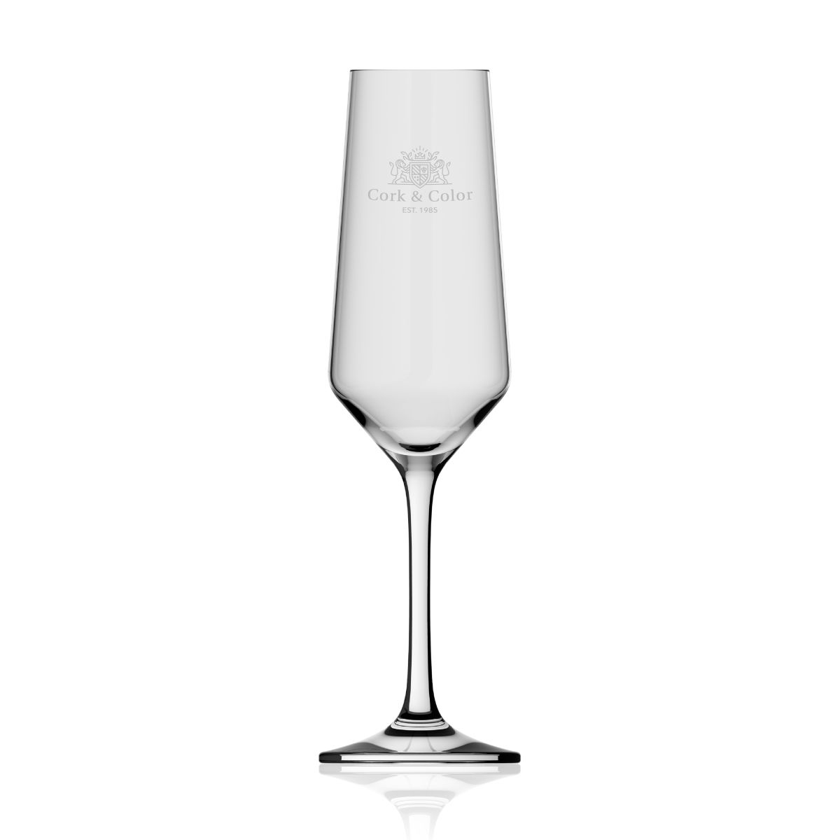 Graviertes CorkColor-Logo auf der Vorderseite des Melody Sektglases 20 cl, mittig positioniert.