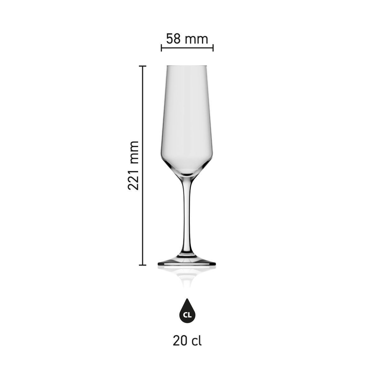 Infografik mit Höhe und Fassungsvermögen des Melody Sektglases 20 cl, dargestellt mit Größenangaben.