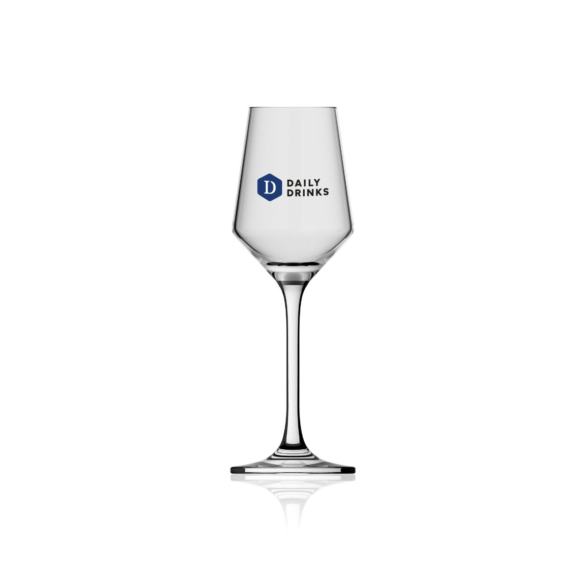 Vorderseite des Melody Likörglases 11 cl mit aufgedrucktem Logo von DailyDrinks in mehreren Farben auf dem Glas.