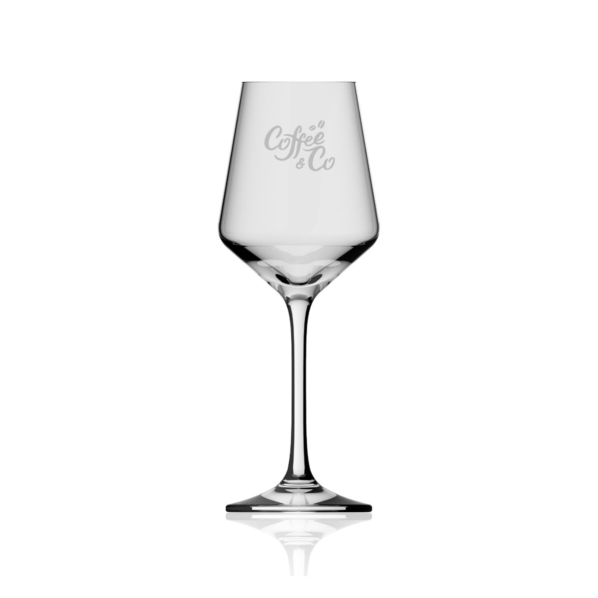 Eingraviertes CoffeeCo-Logo auf der Vorderseite des Degustationsglases Melody 23 cl, dezent sichtbar auf dem Glas.