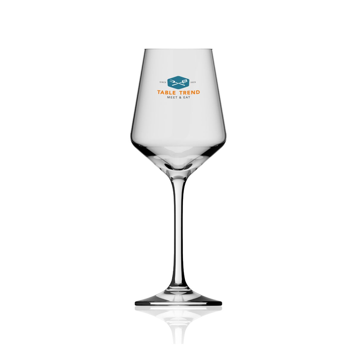 Vorderseite des Melody Degustationsweinglases 23 cl. bedruckt mit mehrfarbigem TableTrend-Logo auf klarem Glas.