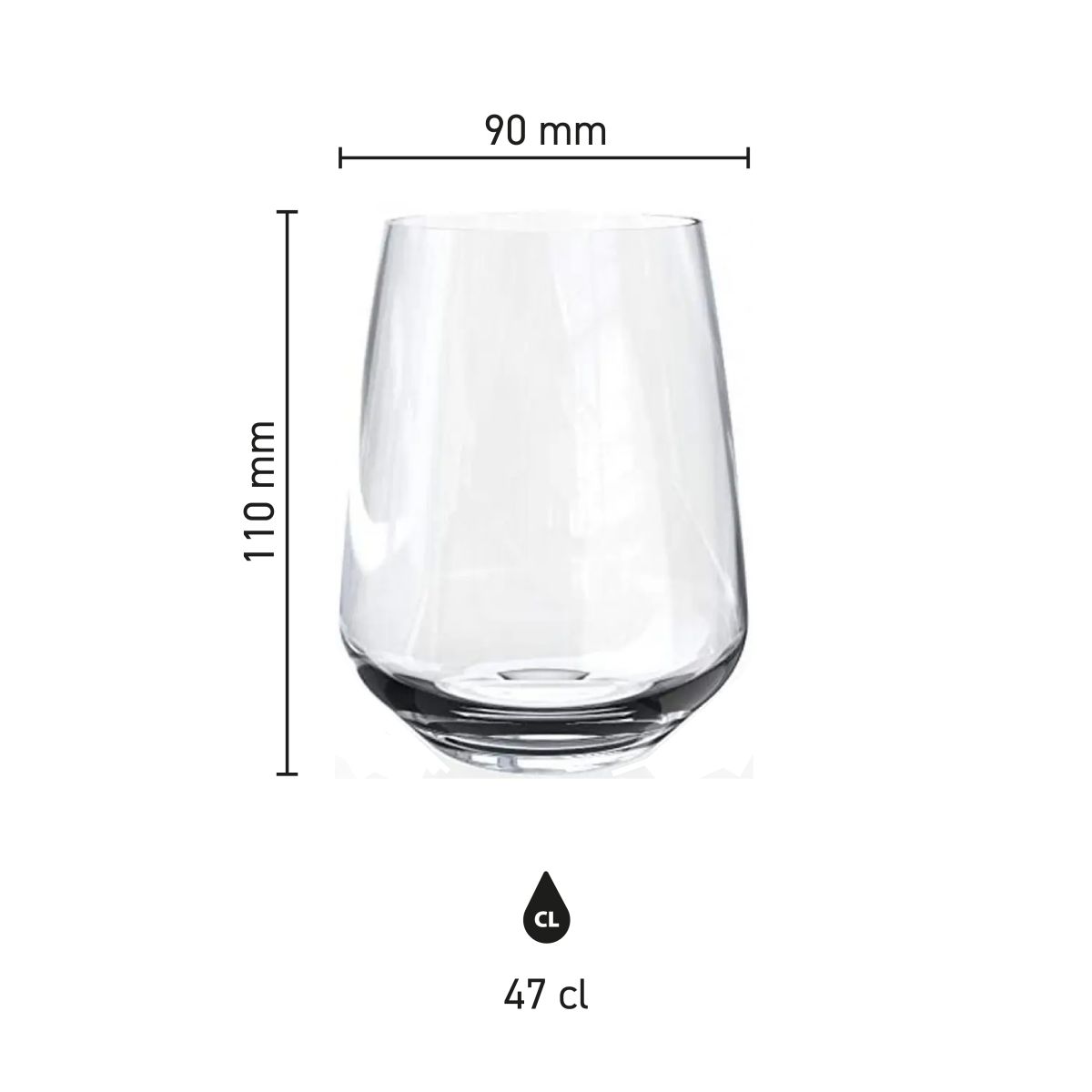 Infografik zeigt Höhe und Durchmesser des Mencia Whiskyglases 47 cl mit Glasdetails.