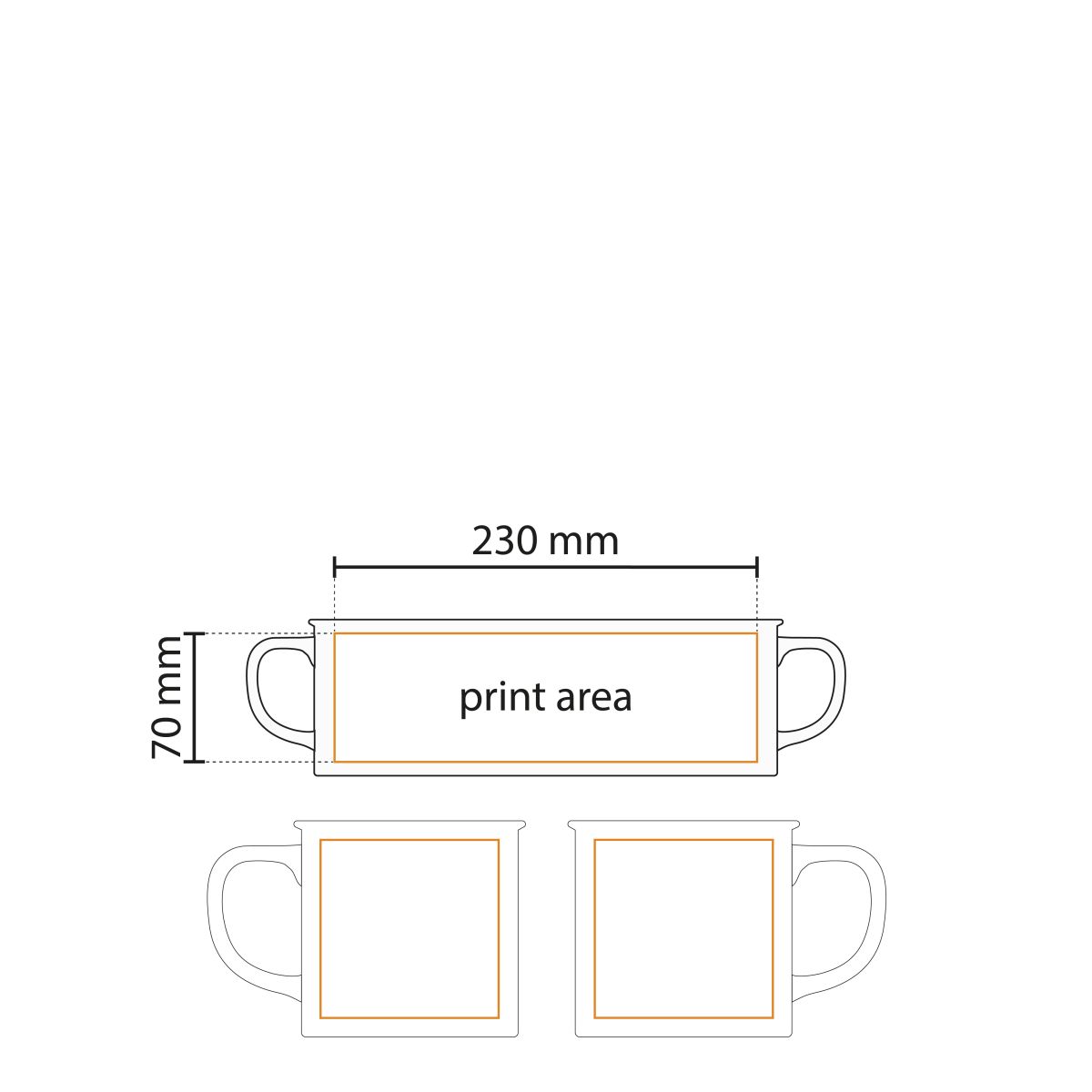 Die technische Arbeitszeichnung zeigt den Druckbereich auf der Mug Loft Pure 31 cl Keramik für die Platzierung des Logos.