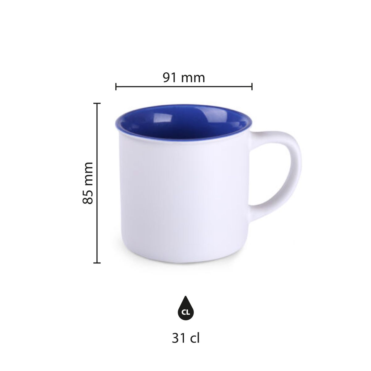 Die Infografik zeigt die Produktabmessungen von Mug Loft Pure 31 cl Keramik, einschließlich Höhe und Durchmesser.