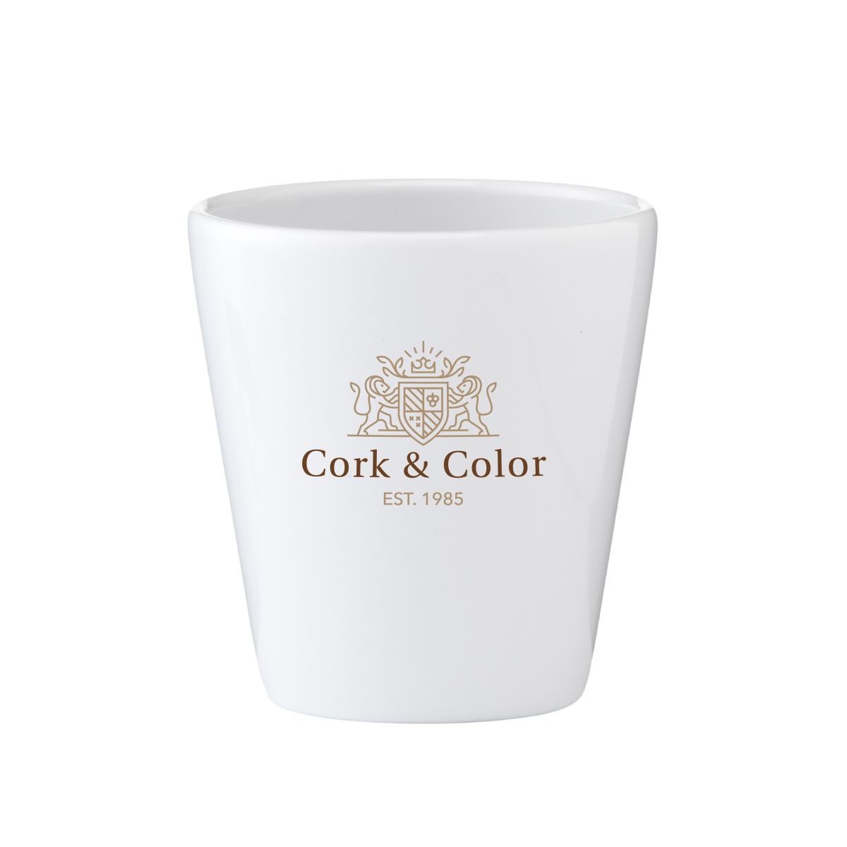 Becher Palermo ohne Henkel 19 cl. mit mehrfarbigem 'CorkColor'-Logo auf der Vorderseite.
