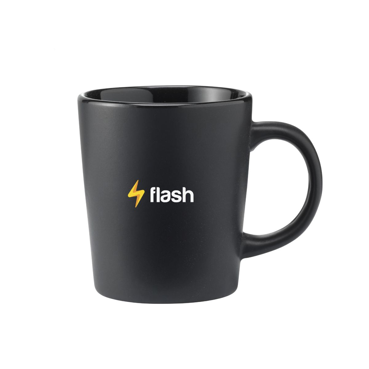 Mattschwarzer Tasse Ponti Matt 25 cl. in Vorderansicht, mit aufgedrucktem Logo 'flash' auf der Außenseite.
