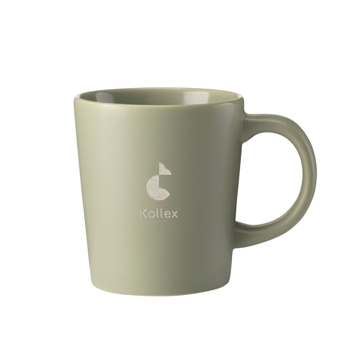 Muster Tasse Ponti Matt 25 cl. mattgrüne Keramik mit deutlich sichtbarem 'kollex'-Logo in der Mitte.