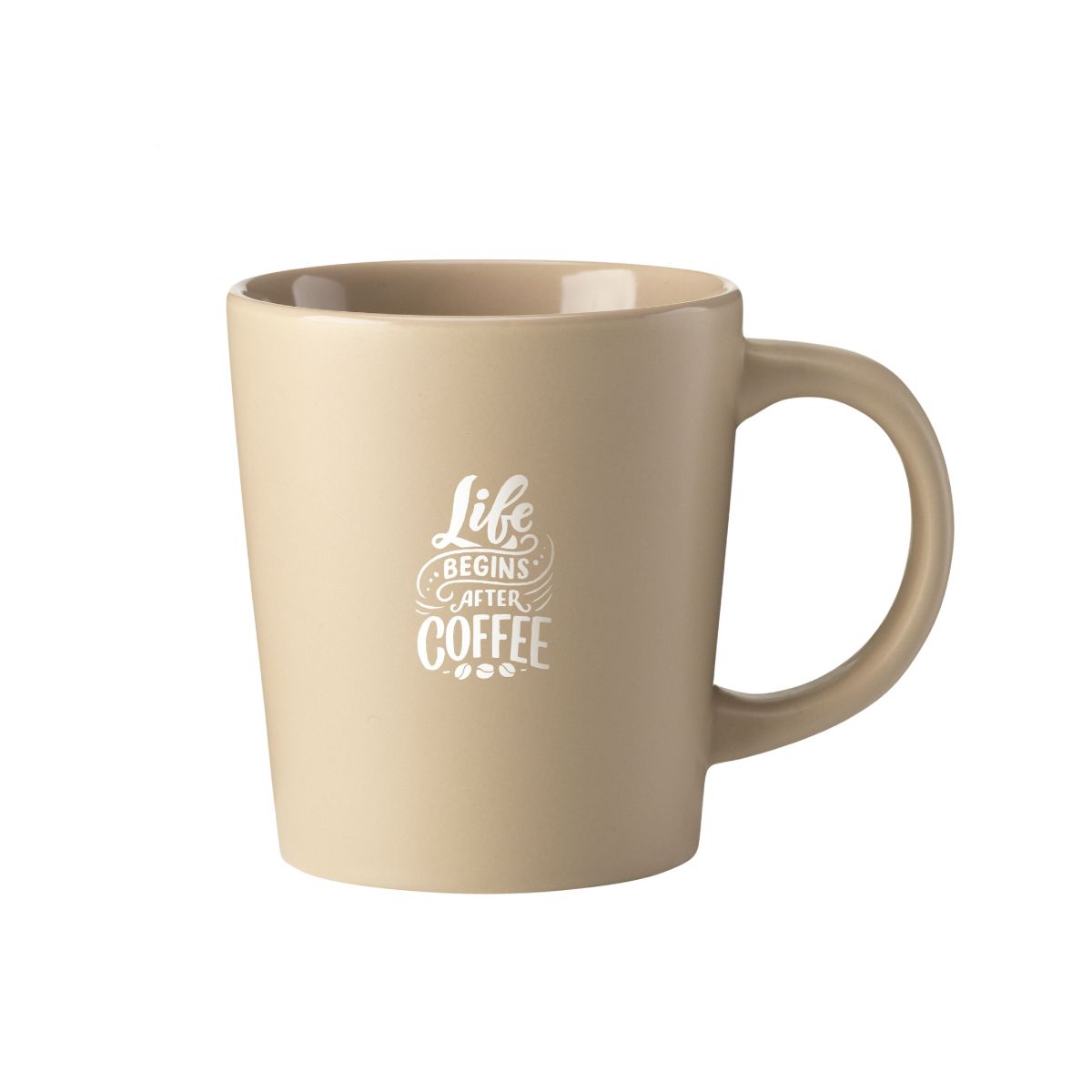 Tasse Ponti Matt 25 cl. aus matter Keramik, Vorderansicht mit der Aufschrift "lifebeginsaftercoffee".