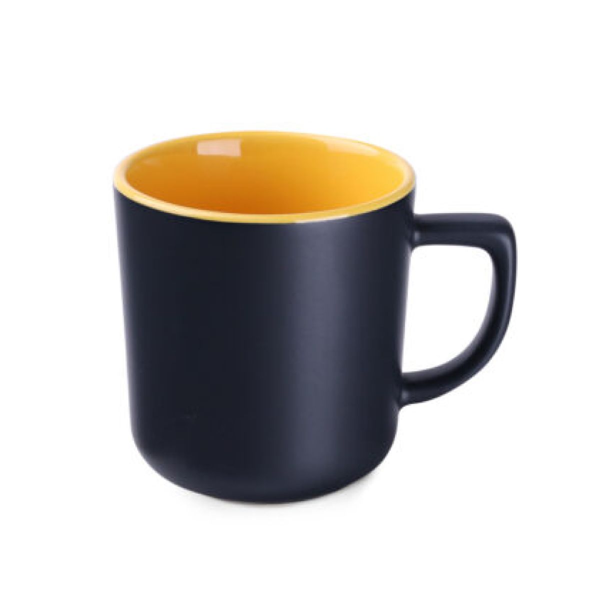 Schwarzer und gelber Keramikbecher Rico Supreme 25 cl in Vorderansicht, mit glatter Oberfläche und gerader Wand.