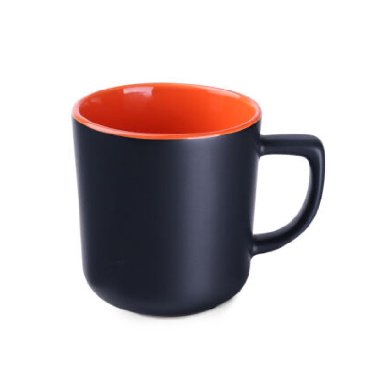 Schwarz-orangefarbener Keramikbecher Rico Supreme 25 cl in Vorderansicht, mit glatter Oberfläche und gerader Wand.