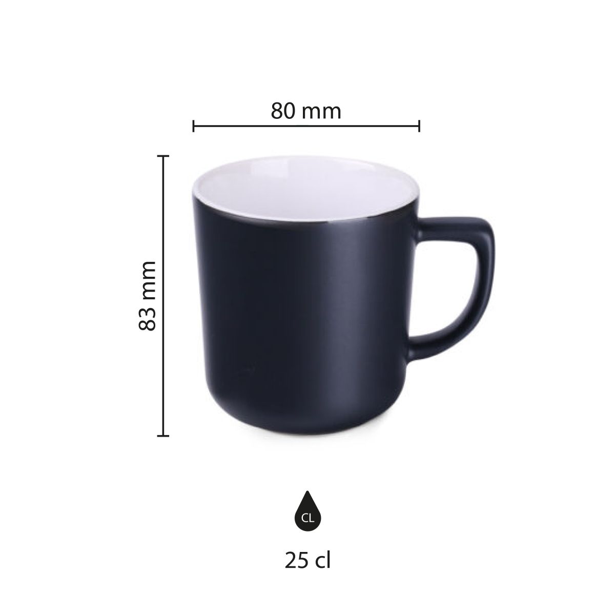 Die Infografik zeigt die Produktabmessungen des Keramikbechers Rico Supreme 25 cl. aus verschiedenen Blickwinkeln.
