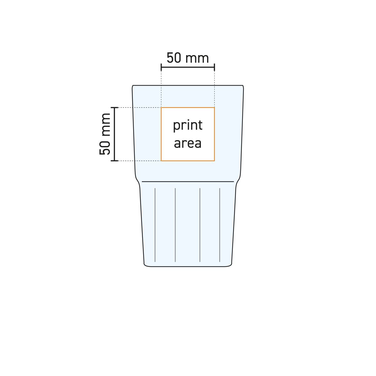 Technische Arbeitszeichnung des Next Longdrink Stacking Glass 28.4 cl mit markiertem Druckbereich.
