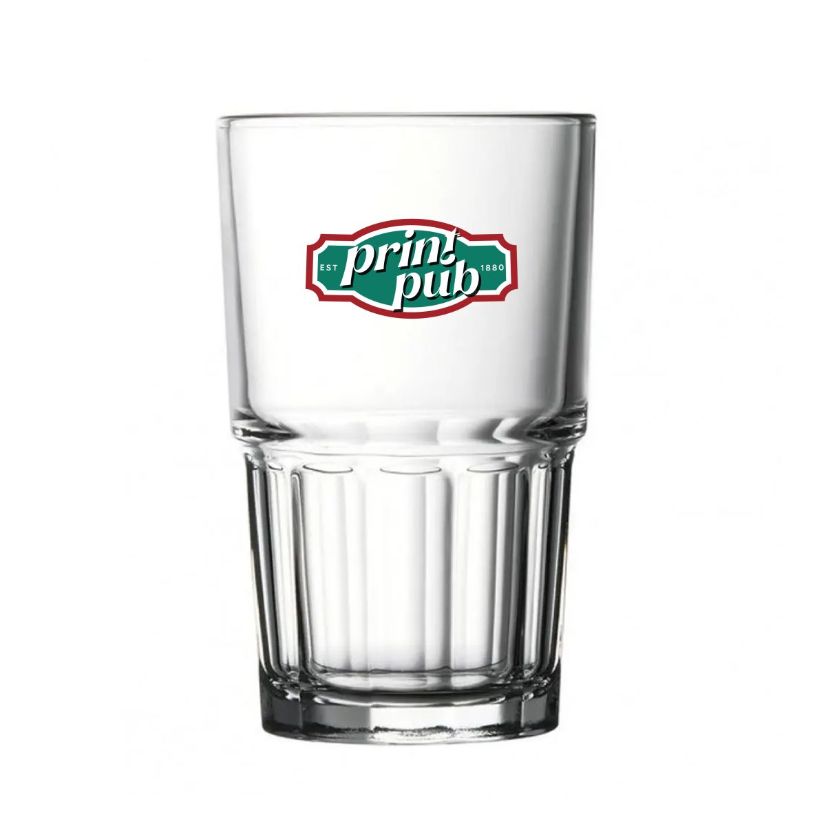 Next Longdrink Stack Glas 28,4 cl mit mehrfarbigem PrintPub Logo auf der Vorderseite.