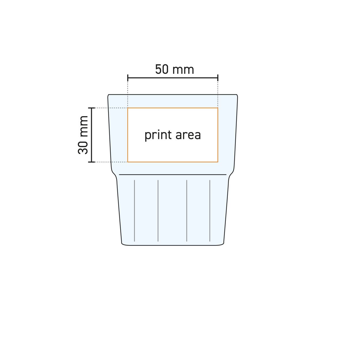 Technische Arbeitszeichnung von Next Splash 20 cl Glas mit markierter Druckfläche für den Druck.