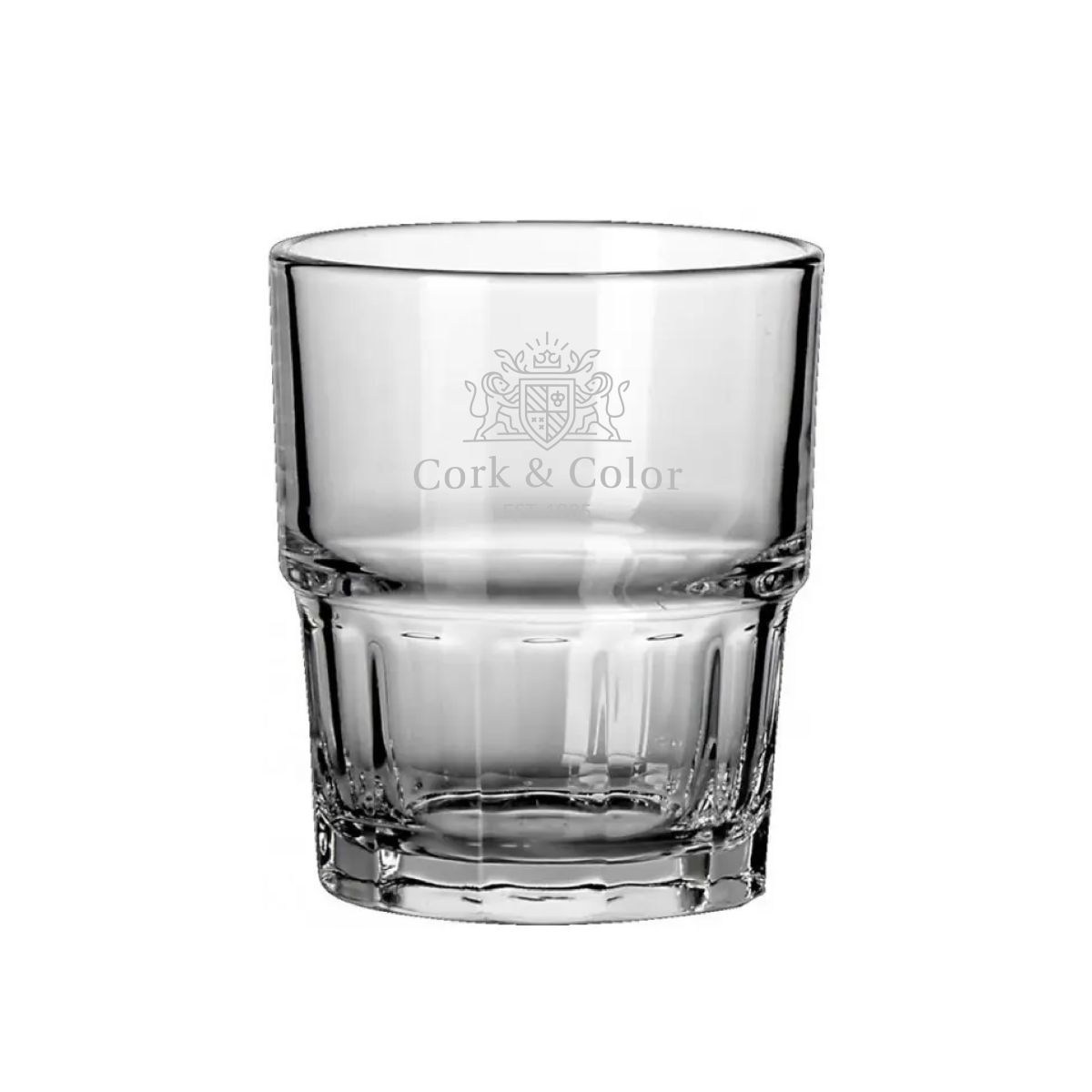 Gravur von CorkColor sichtbar auf der Vorderseite des Next Splash Glases 20 cl.