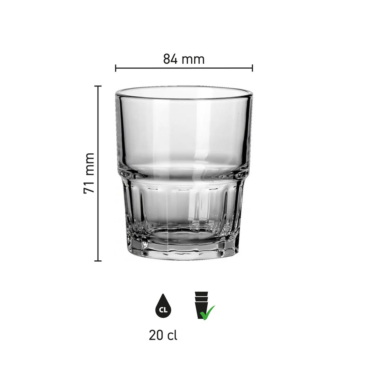 Die Infografik zeigt die Produktabmessungen von Next Splash glass 20 cl mit Höhe und Durchmesser.