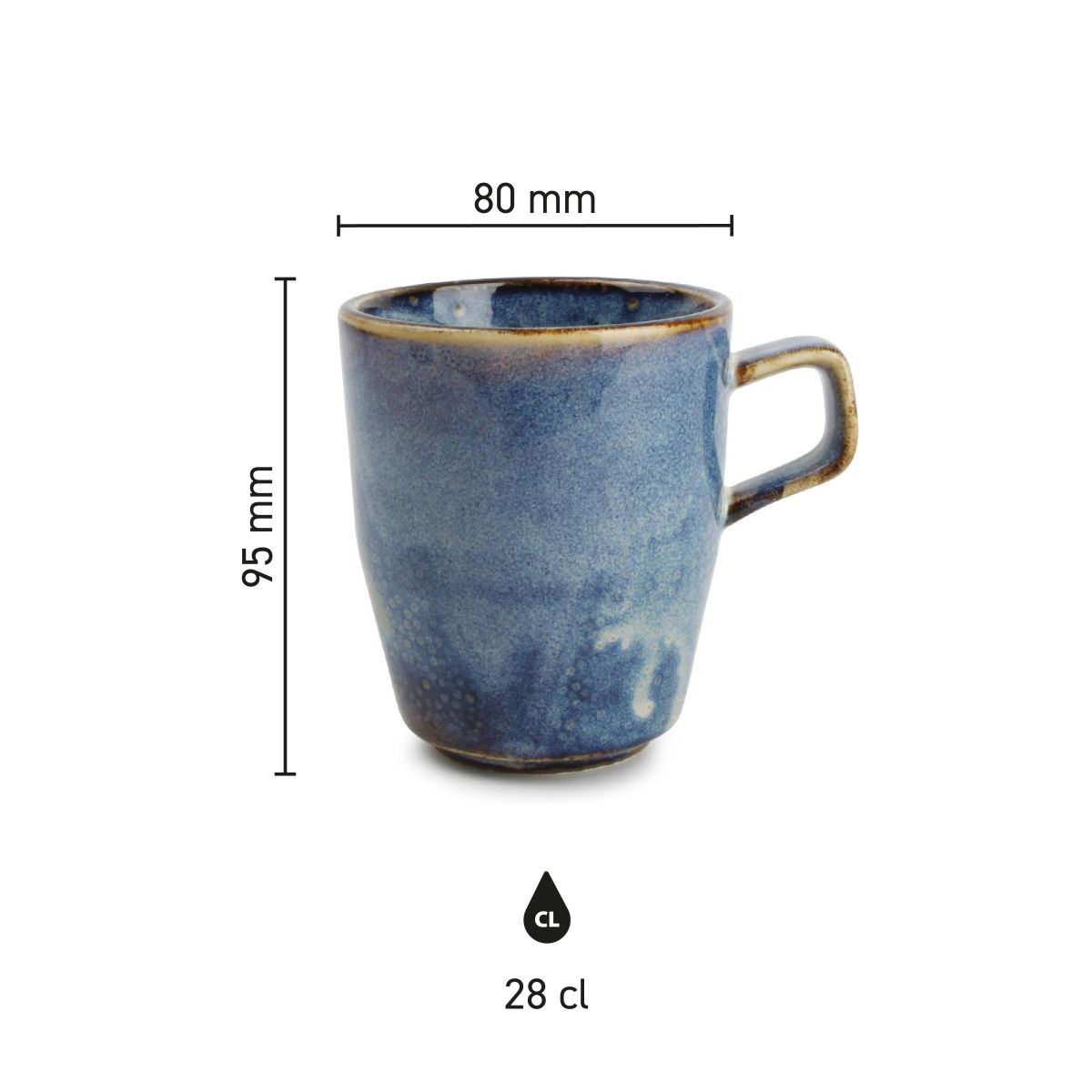 Infografik mit den Produktabmessungen des Nova Bechers 28 cl aus Porzellan, Höhe, Durchmesser und Ohrenbreite angegeben.