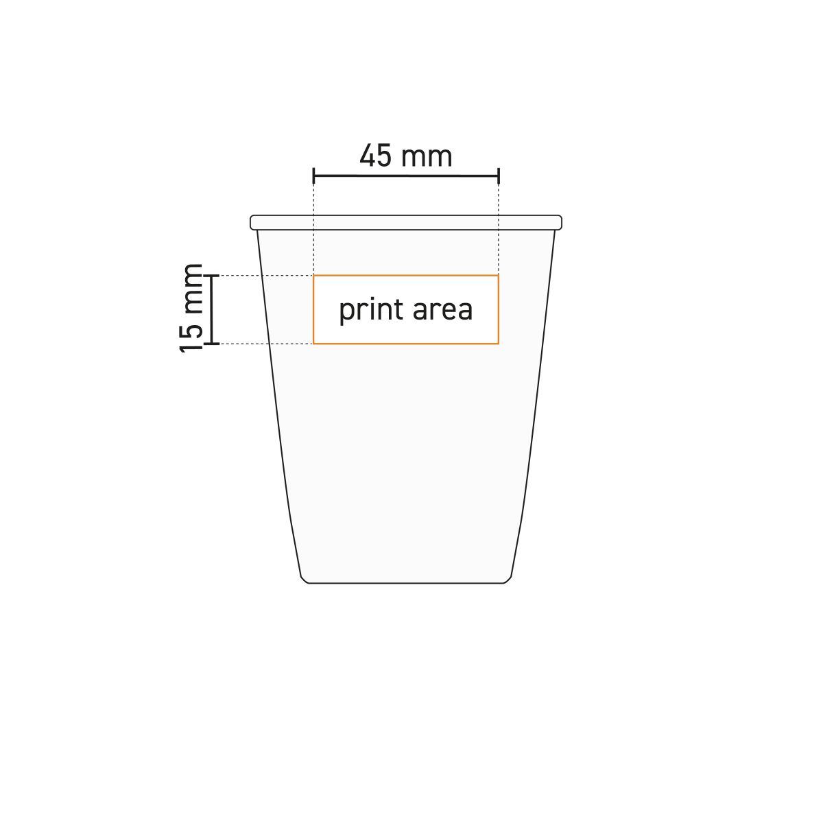 Technische Arbeitszeichnung mit Angabe der Druckfläche auf Porzellan Tasse 6 cl.