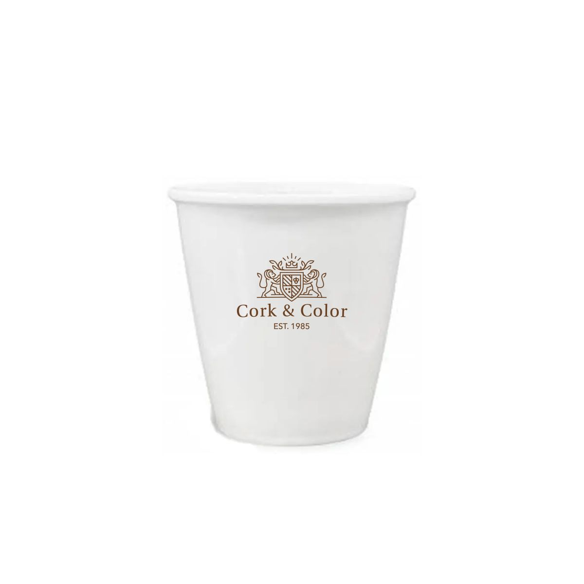 Pappbecher aus Porzellan Tasse 6 cl. mit einfarbigem CorkColor-Logo auf der Vorderseite.