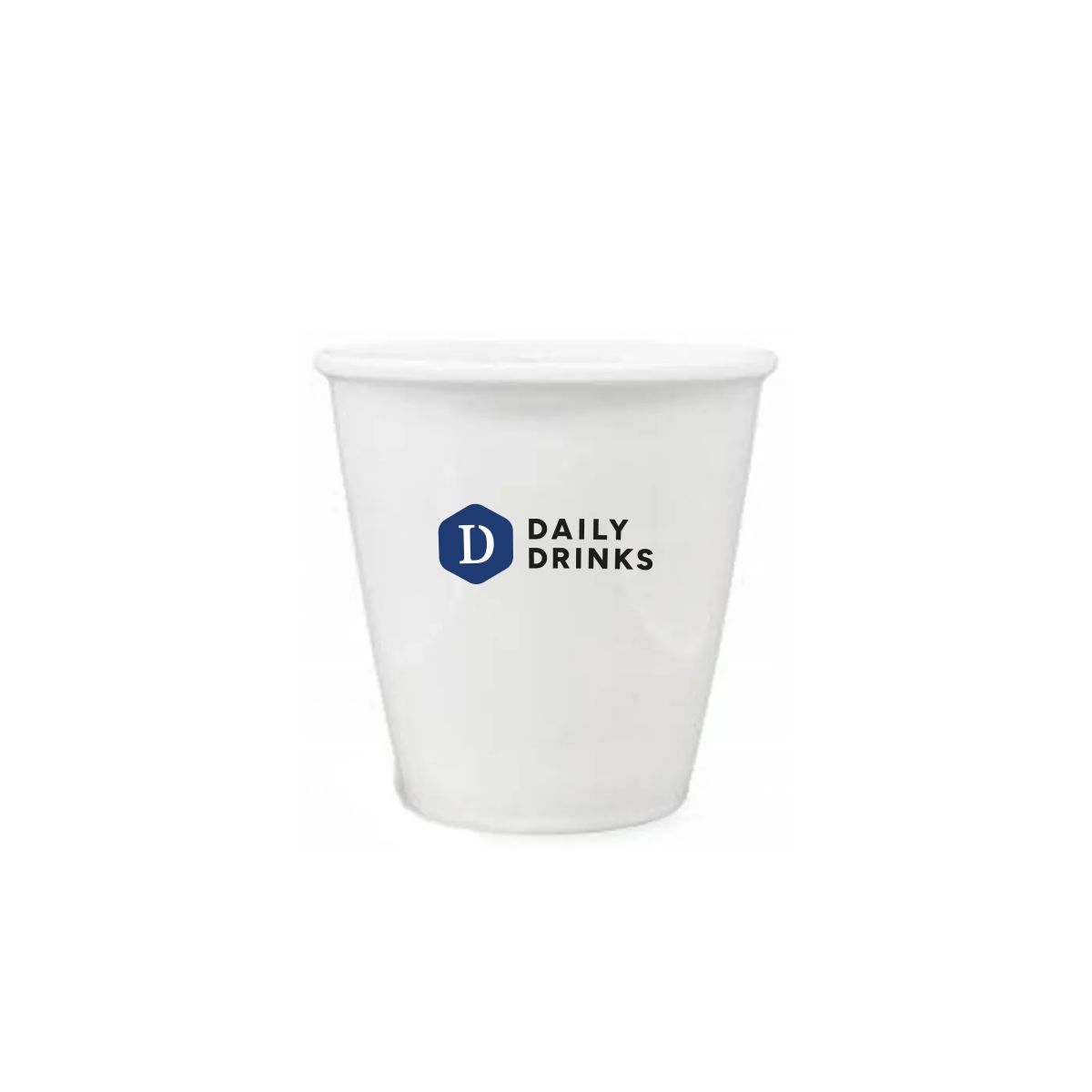 Porzellan Tasse 6 cl. mit mehrfarbigem DailyDrinks-Logo in der Mitte der Vorderseite.
