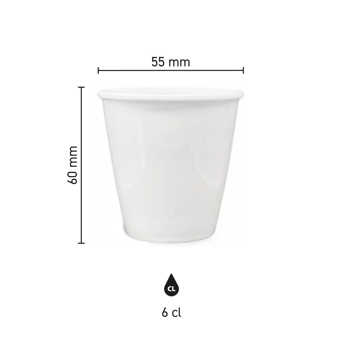 Infografik zeigt die Abmessungen des Porzellan Tasse 6 cl. einschließlich Höhe und Durchmesser.