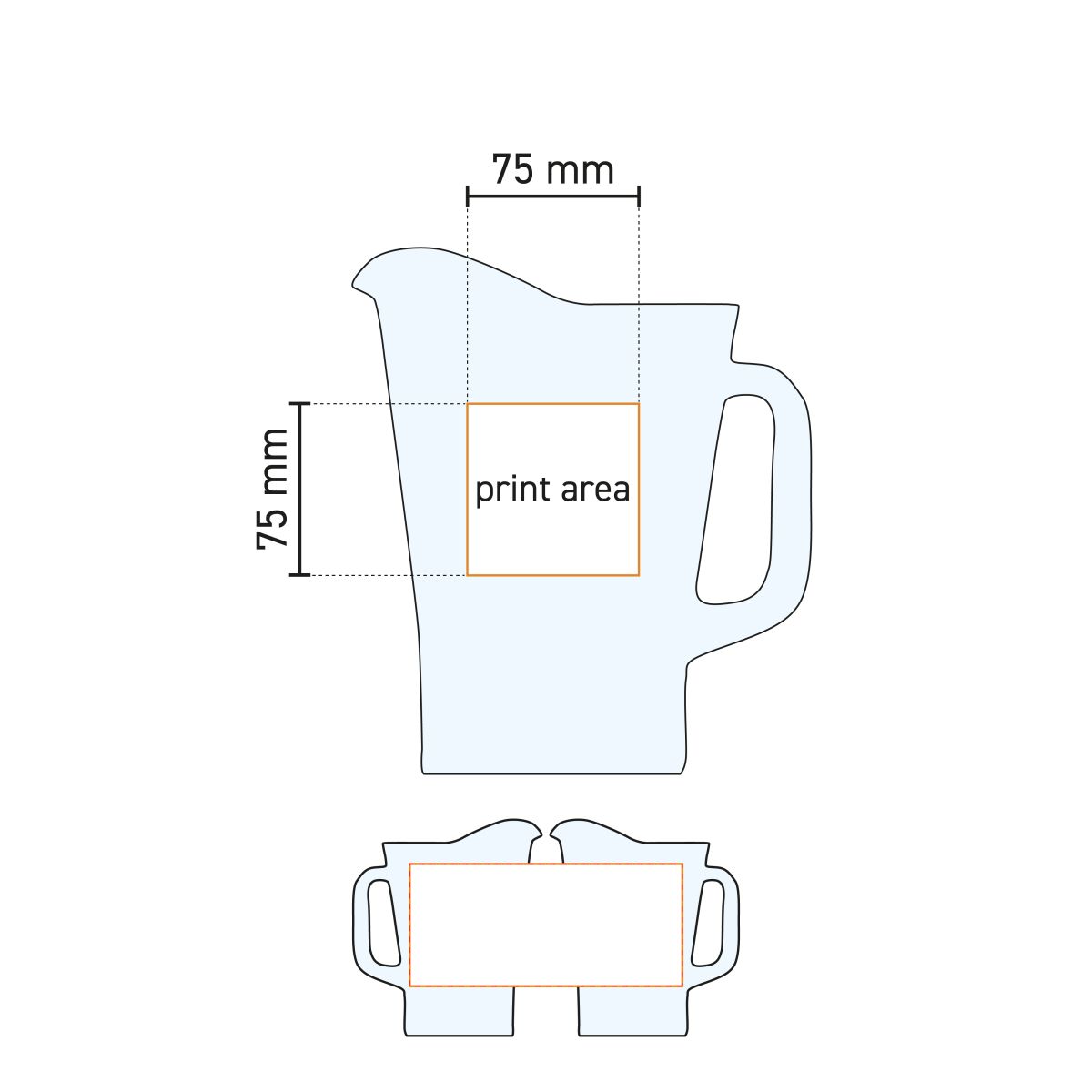 Technische Zeichnung des Pitcher Conic 1,8-Liter-Glases mit angedeuteter Druckfläche für das Logo.