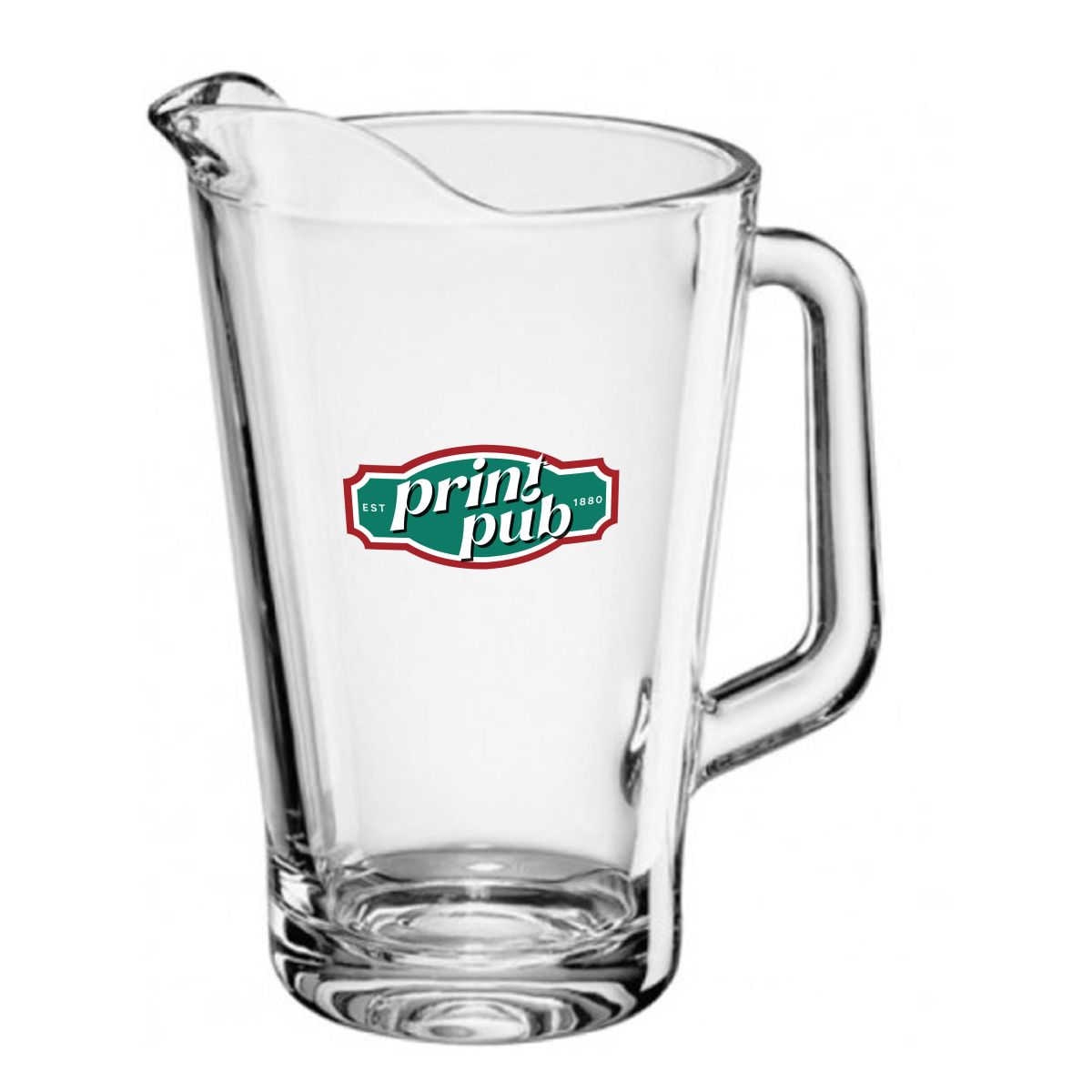 PrintPub-Logo in mehreren Farben auf der Vorderseite des Pitcher Conic 1,8-Liter-Glases.