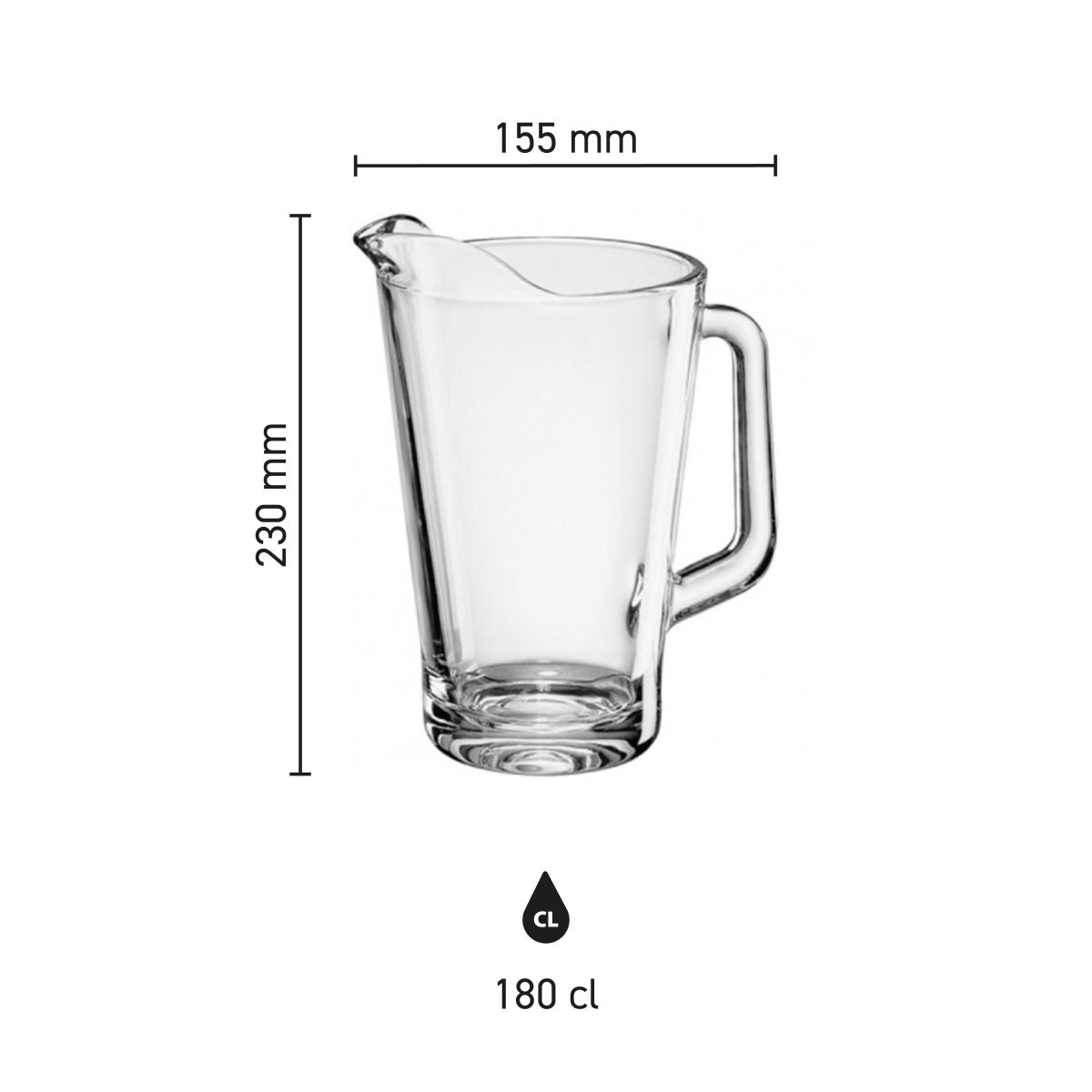 Infografik mit den Produktabmessungen des Pitcher Conic 1,8-Liter-Glases, einschließlich Höhe und Fassungsvermögen.