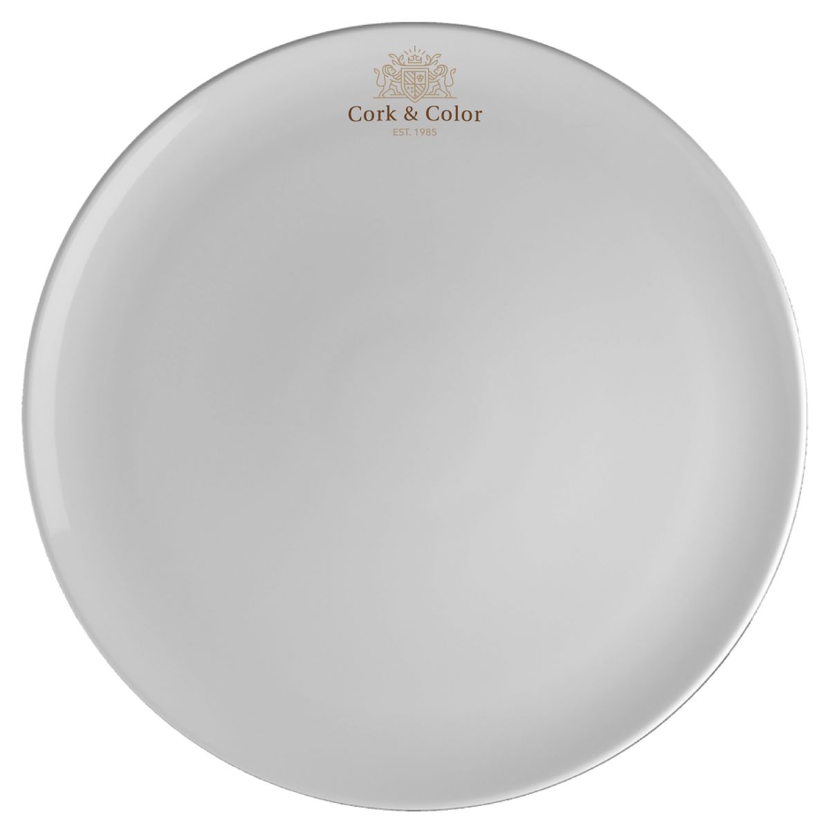 Pizzateller Isabelle 34 cm aus Porzellan, bedruckt mit mehrfarbigem CorkColor-Logo auf der Mittelfläche.
