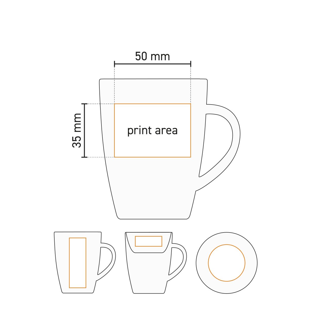 Technische Arbeitszeichnung mit Druckfläche für Robusta-Tasse 18 cl Porzellan.