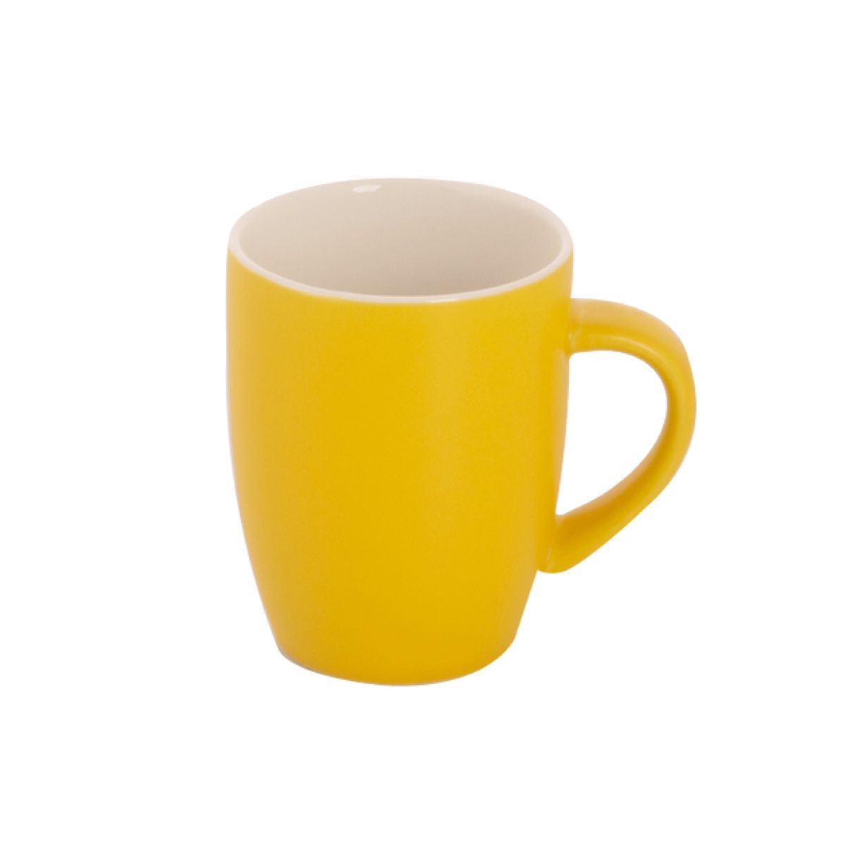 Robusta Becher 18 cl. Vorderseite Porzellan, mattgelbe Oberfläche und gerade zylindrische Form.