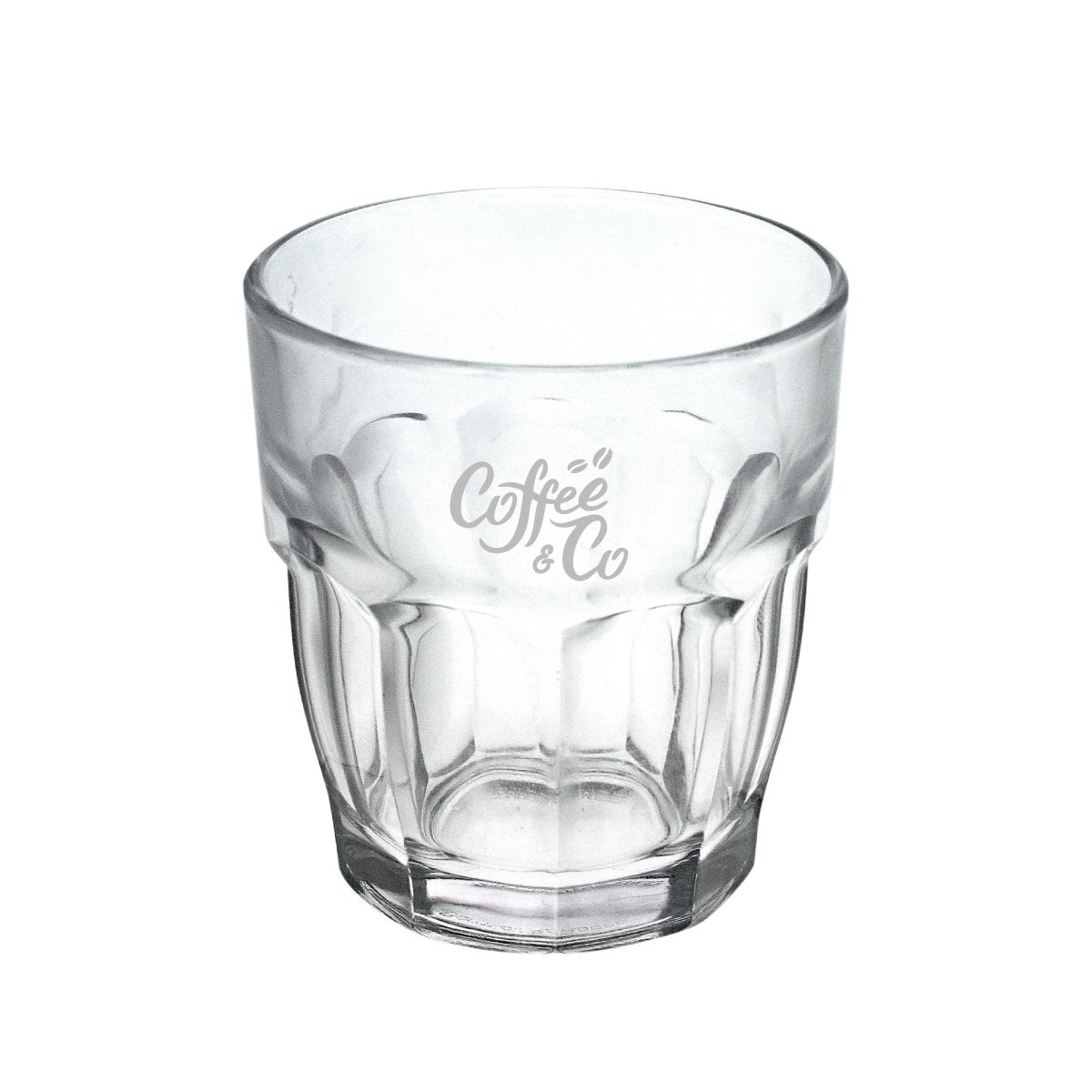 Rockbar Tumbler Glas von 20 cl mit CoffeeCo Logo auf der Vorderseite eingraviert, sichtbar in feiner matter Ausführung.