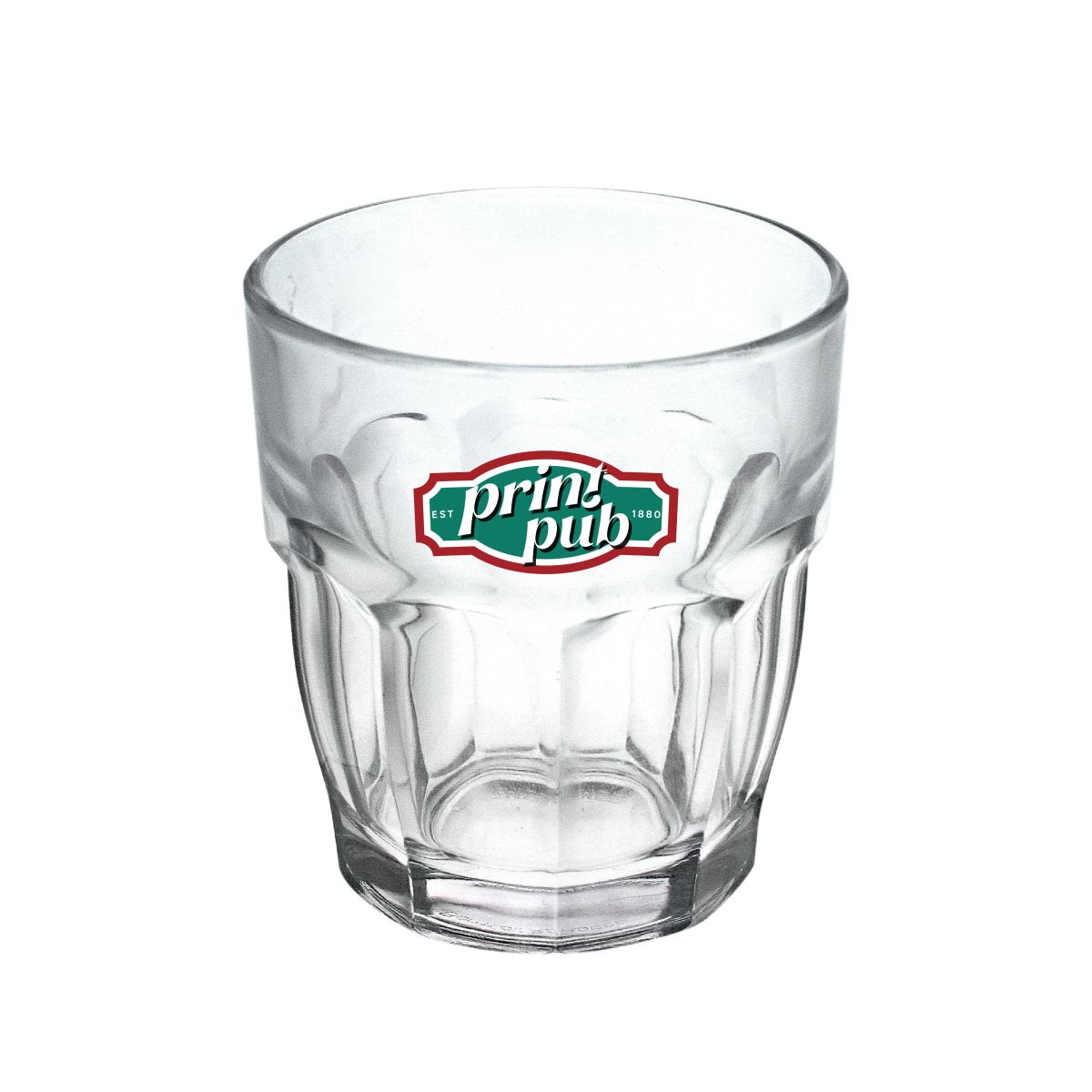 Rockbar Tumbler Glas von 20 cl mit mehrfarbigem PrintPub Logo auf der Vorderseite, bedruckt in zwei bis vier Farben.