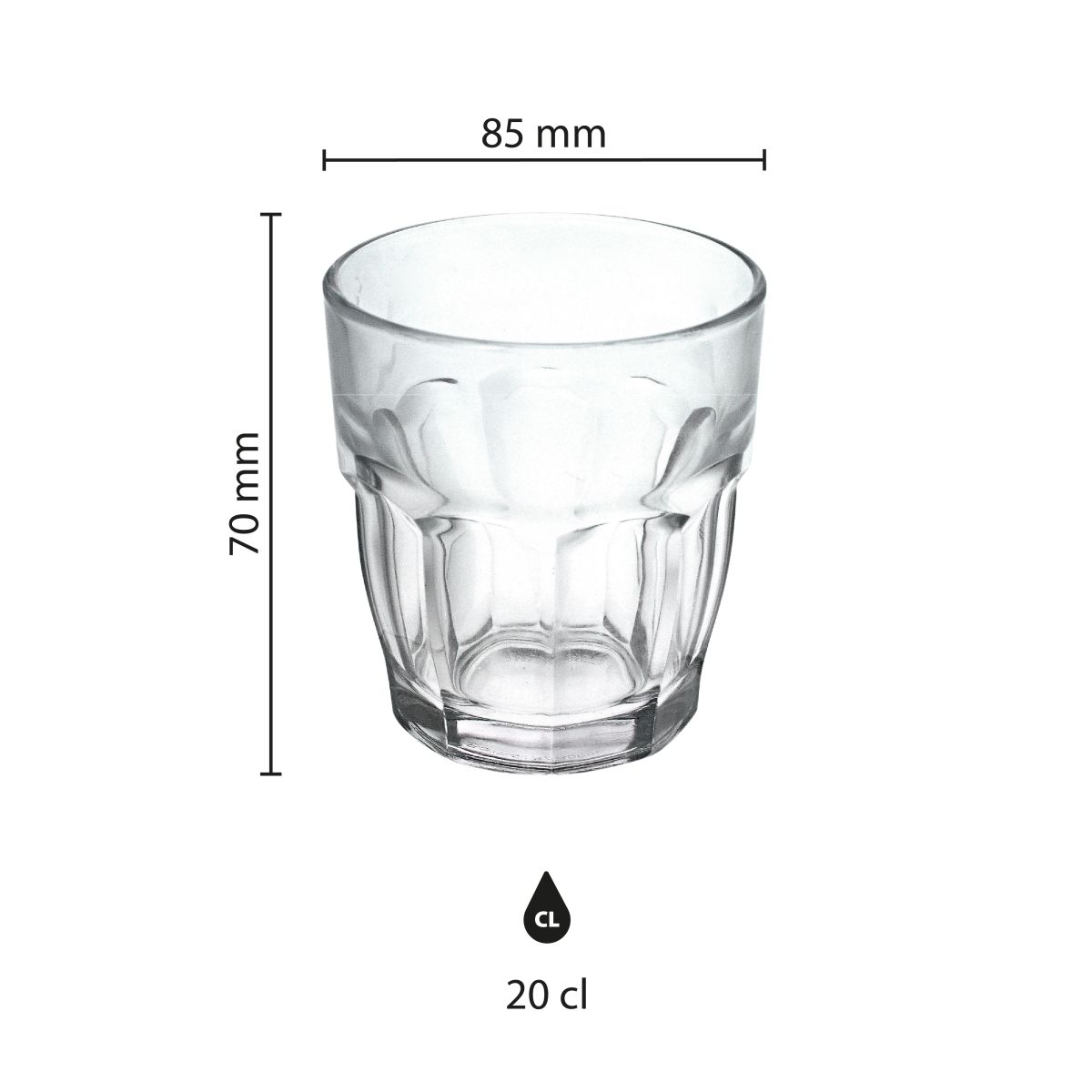 Die Infografik zeigt die Abmessungen des 20-cl-Glases Rockbar Tumbler, einschließlich Höhe und Durchmesser in Millimetern.