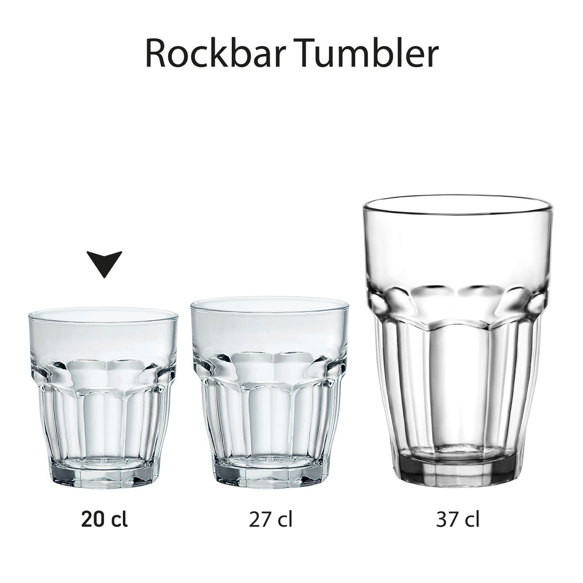 Serie von Rockbar Tumbler Gläsern in verschiedenen Zusammensetzungen, zum Vergleich nebeneinander dargestellt.