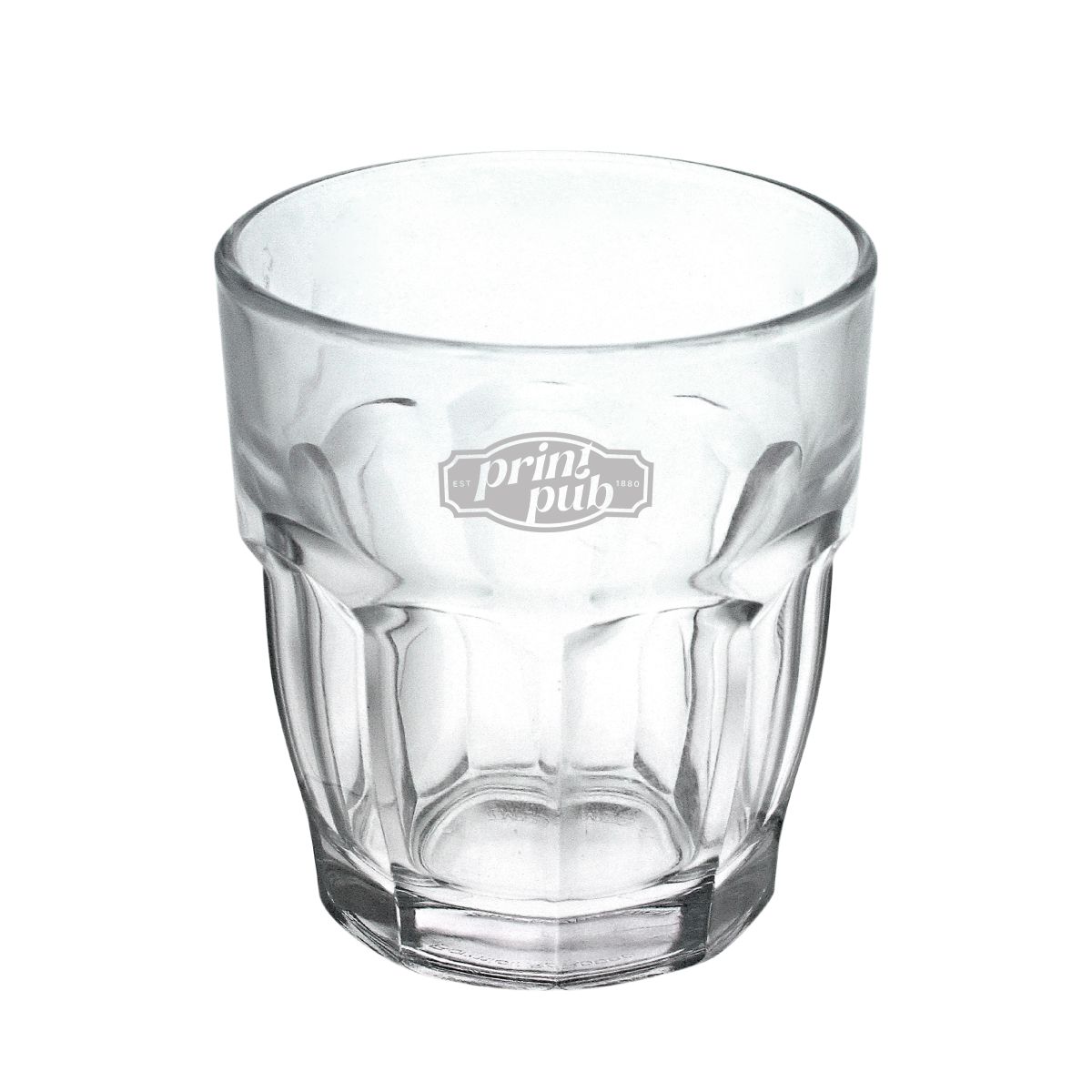 Rockbar Tumbler Glas 27 cl. mit eingraviertem PrintPub Logo auf der Vorderseite.