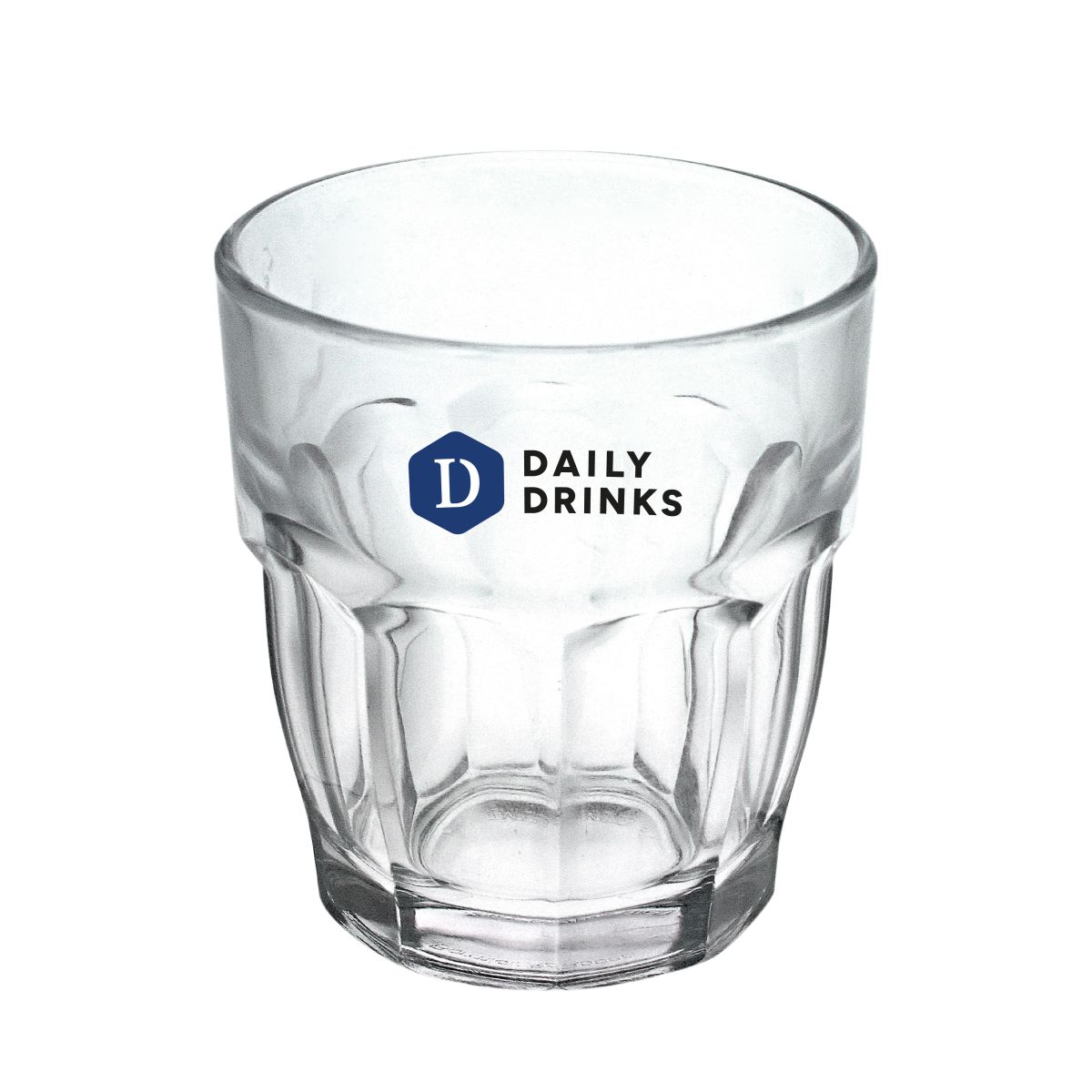 Vorderansicht Rockbar Tumbler 27 cl. mit mehrfarbigem DailyDrinks Logo in der Mitte.