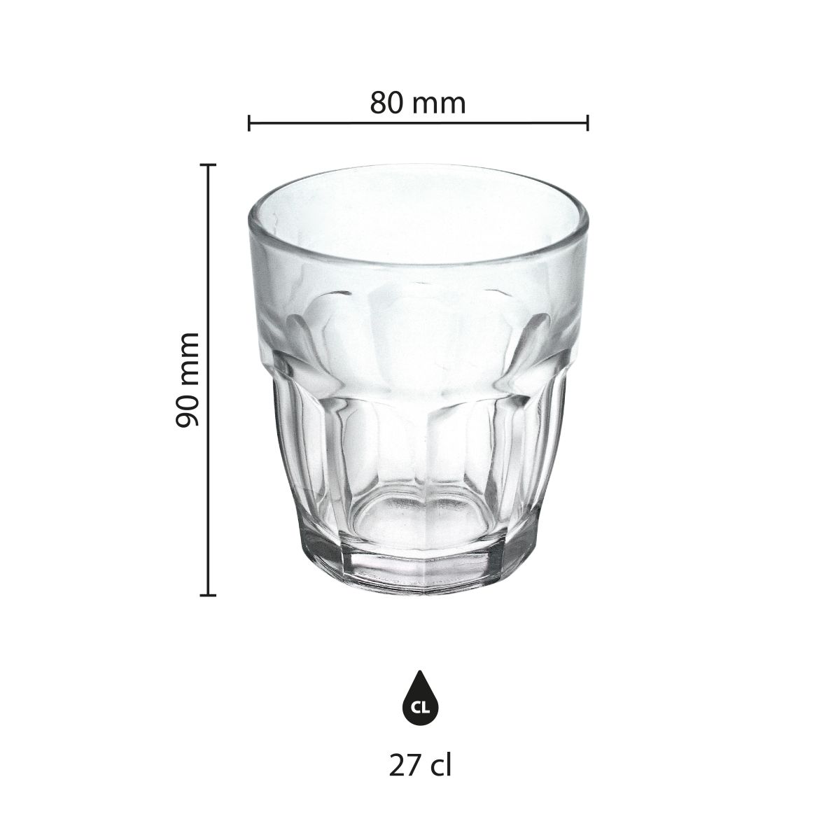 Infografik von Rockbar Tumbler Glas 27 cl mit angegebenen Produktabmessungen in Zentimetern.