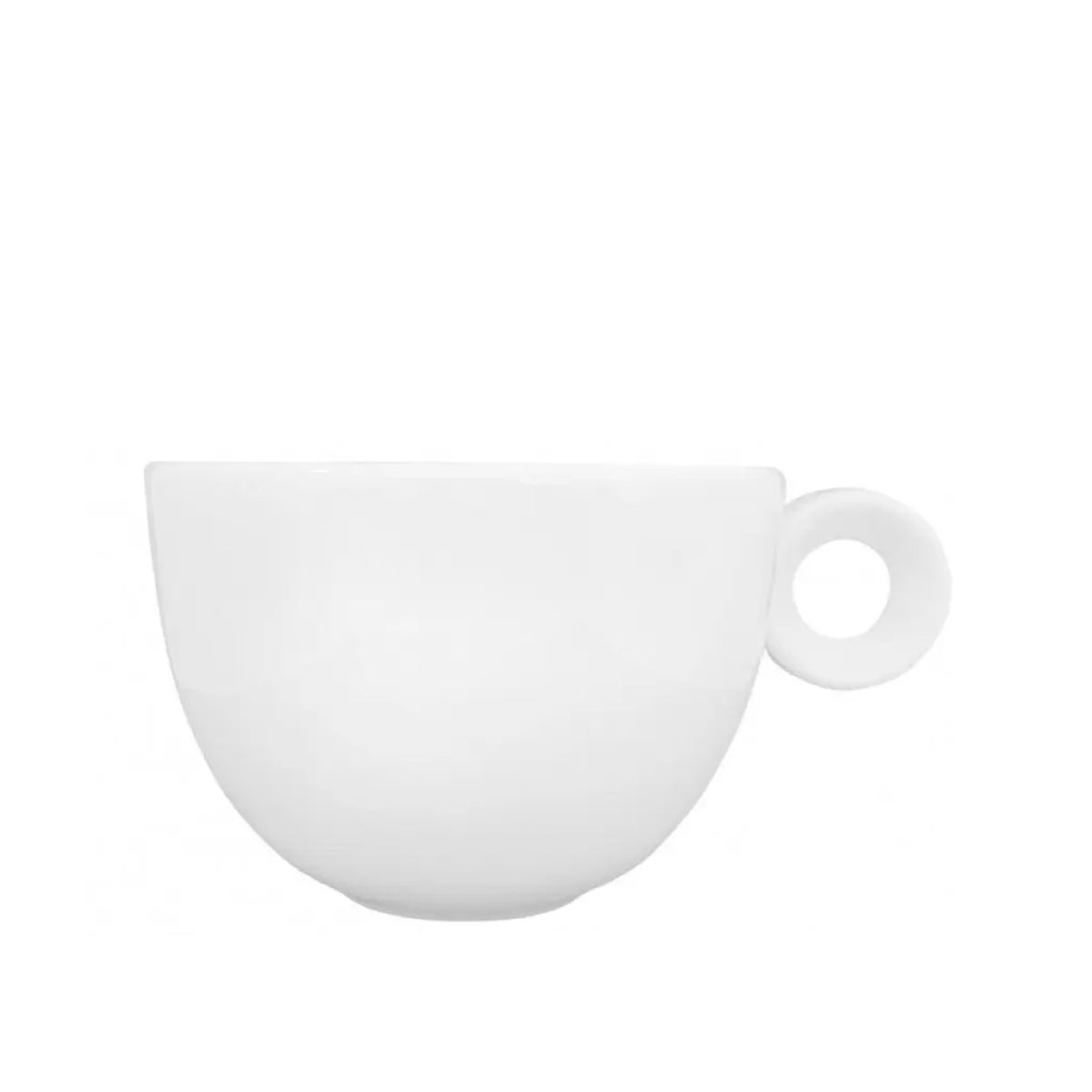 Vorderansicht der Rondo Cappuccino Tasse 20 cl. mit runder Form und Ohr auf der rechten Seite. Vorderansicht der Rondo Cappuccino Tasse 20 cl. mit runder Form und Ohr auf der rechten Seite.