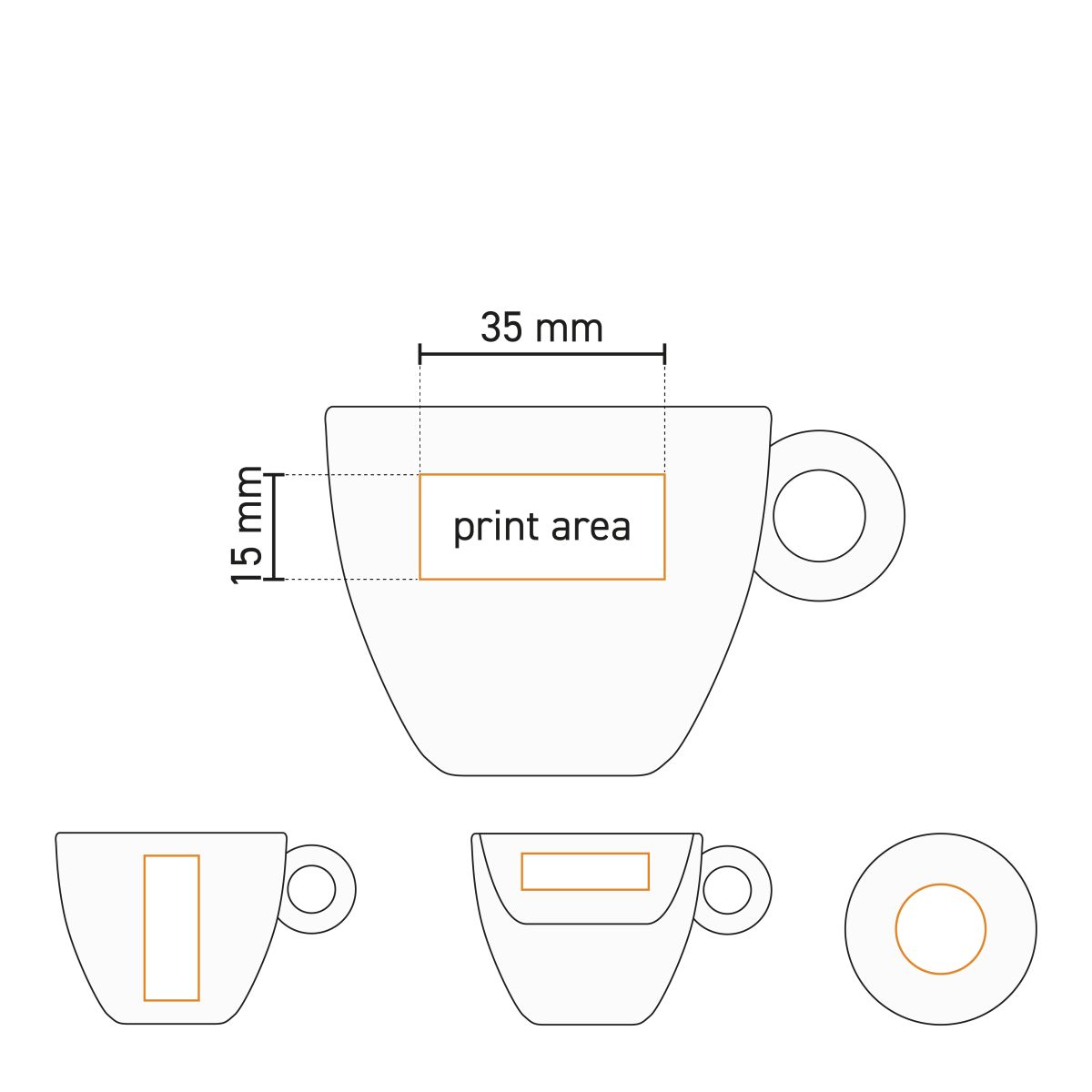 Technische Arbeitszeichnung von Rondo Espresso 8 cl. Porzellan mit markiertem Druckbereich auf der Oberfläche.